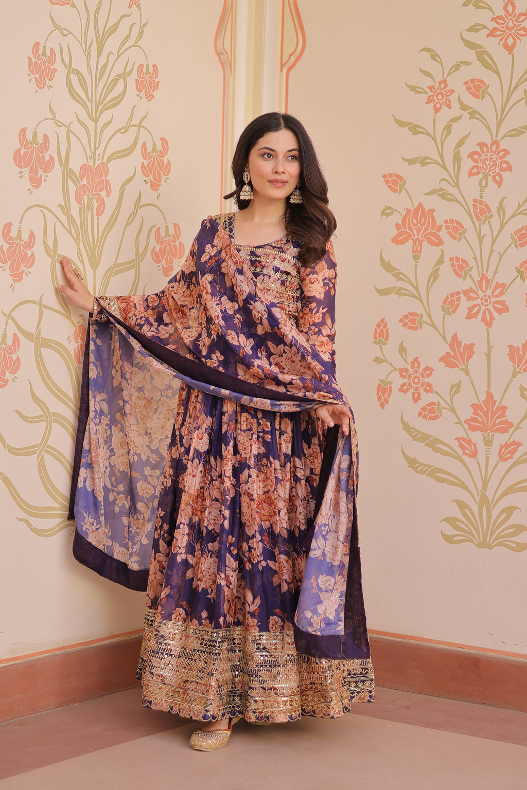 Purple Silk Printed And Embroidered Gown