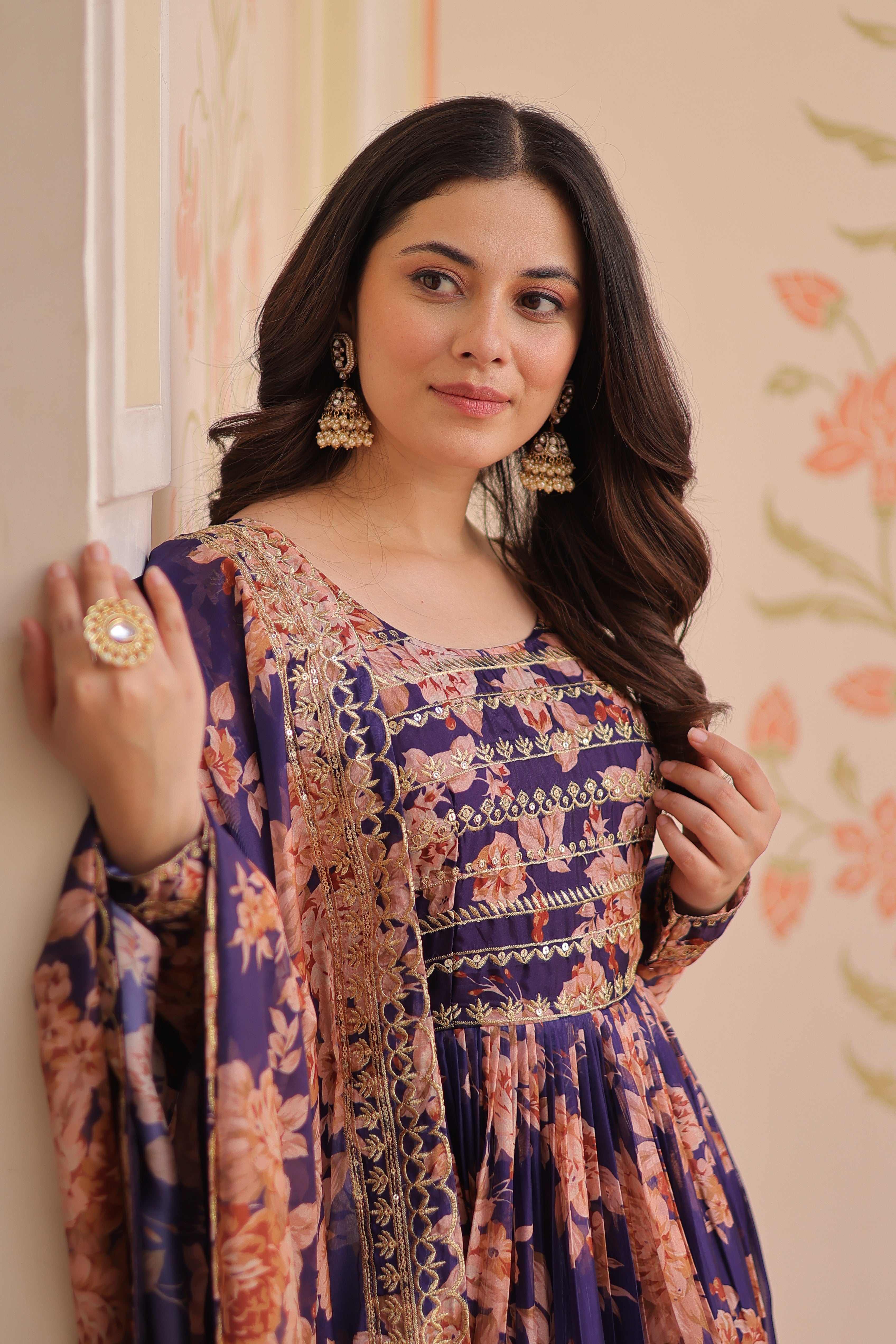 Purple Silk Printed And Embroidered Gown