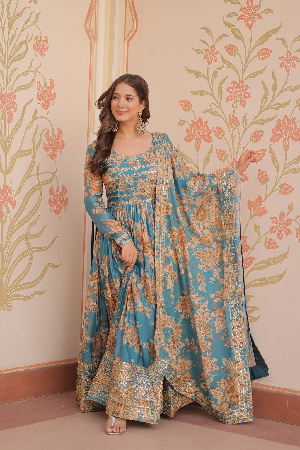 Rama Silk Printed And Embroidered Gown