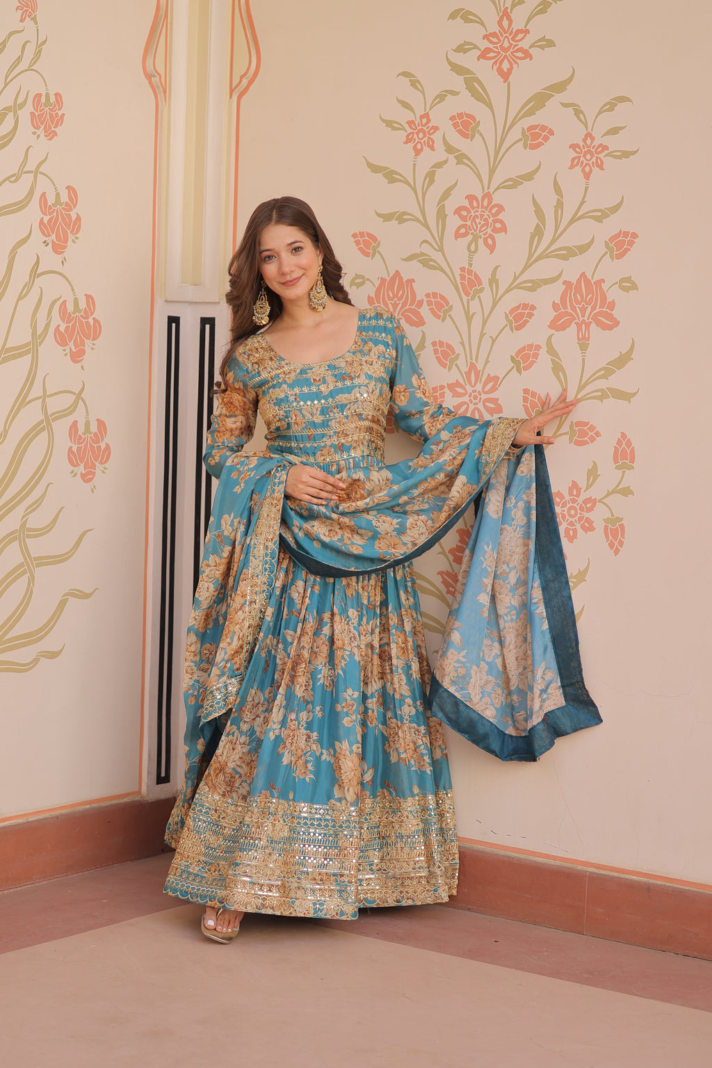 Rama Silk Printed And Embroidered Gown