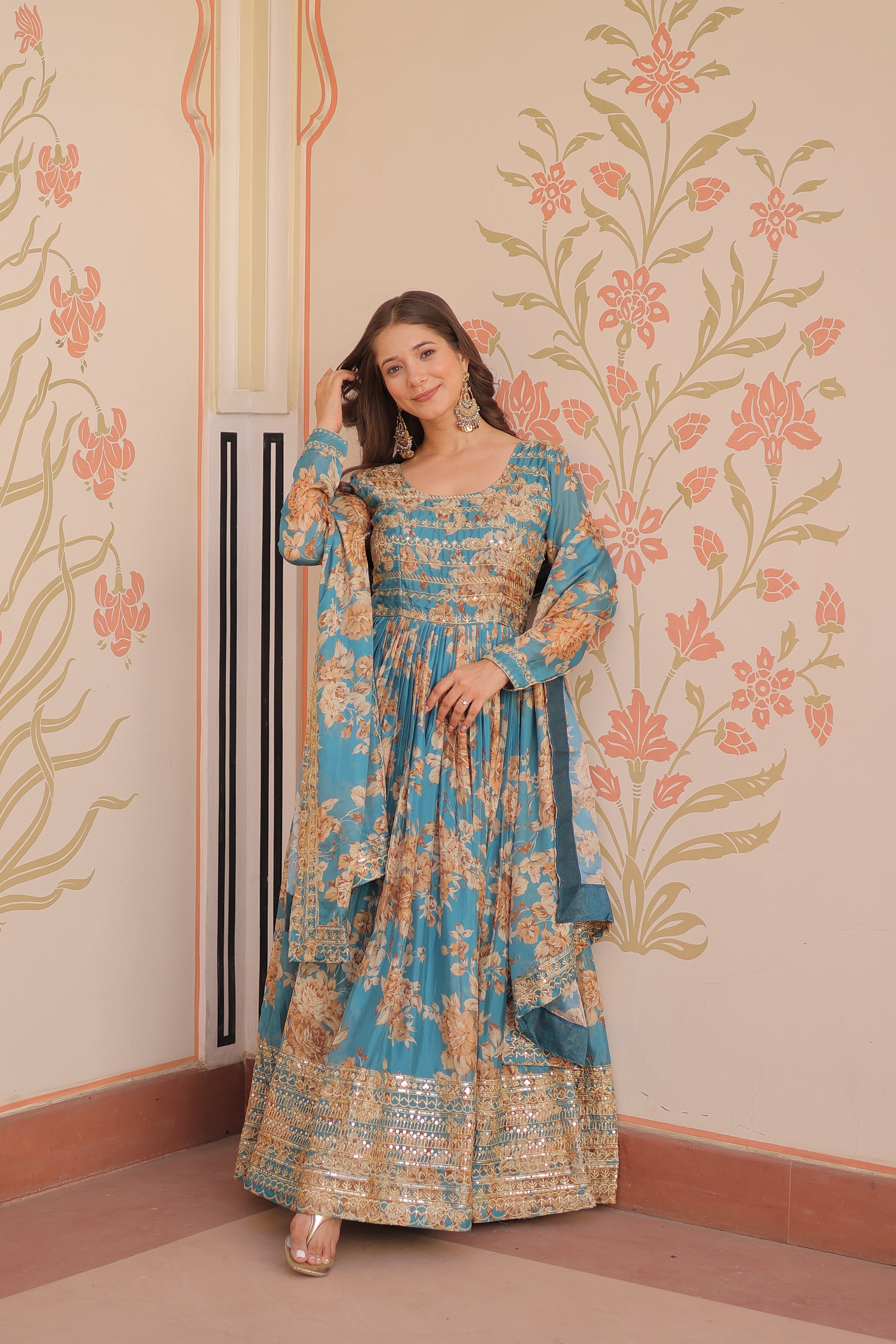 Rama Silk Printed And Embroidered Gown