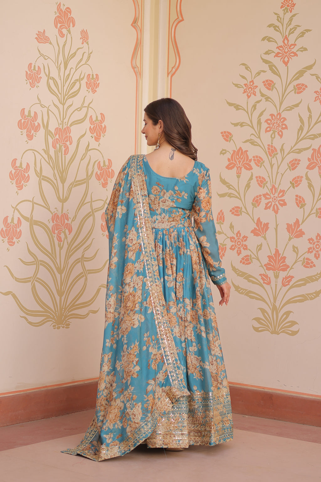 Rama Silk Printed And Embroidered Gown