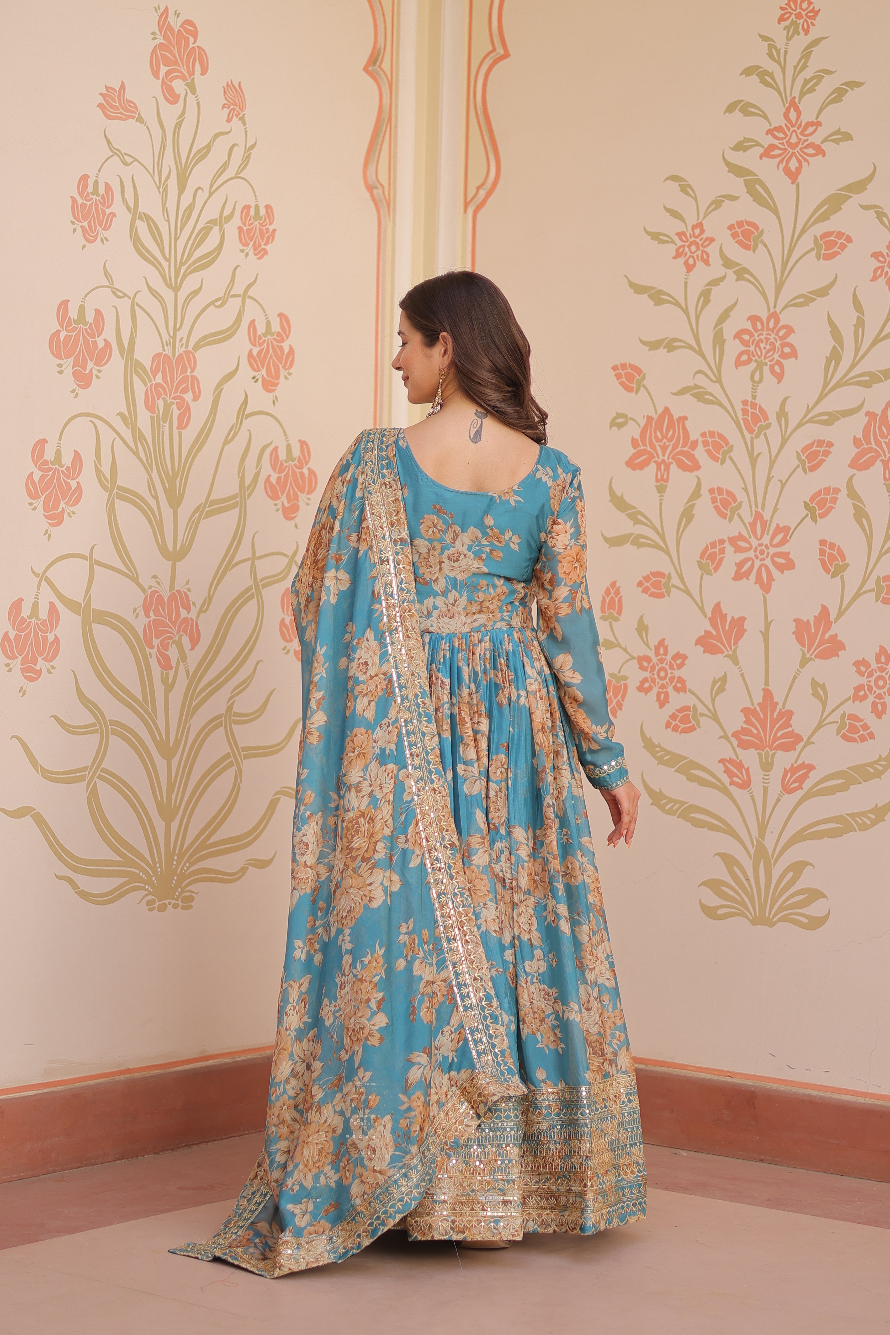 Rama Silk Printed And Embroidered Gown