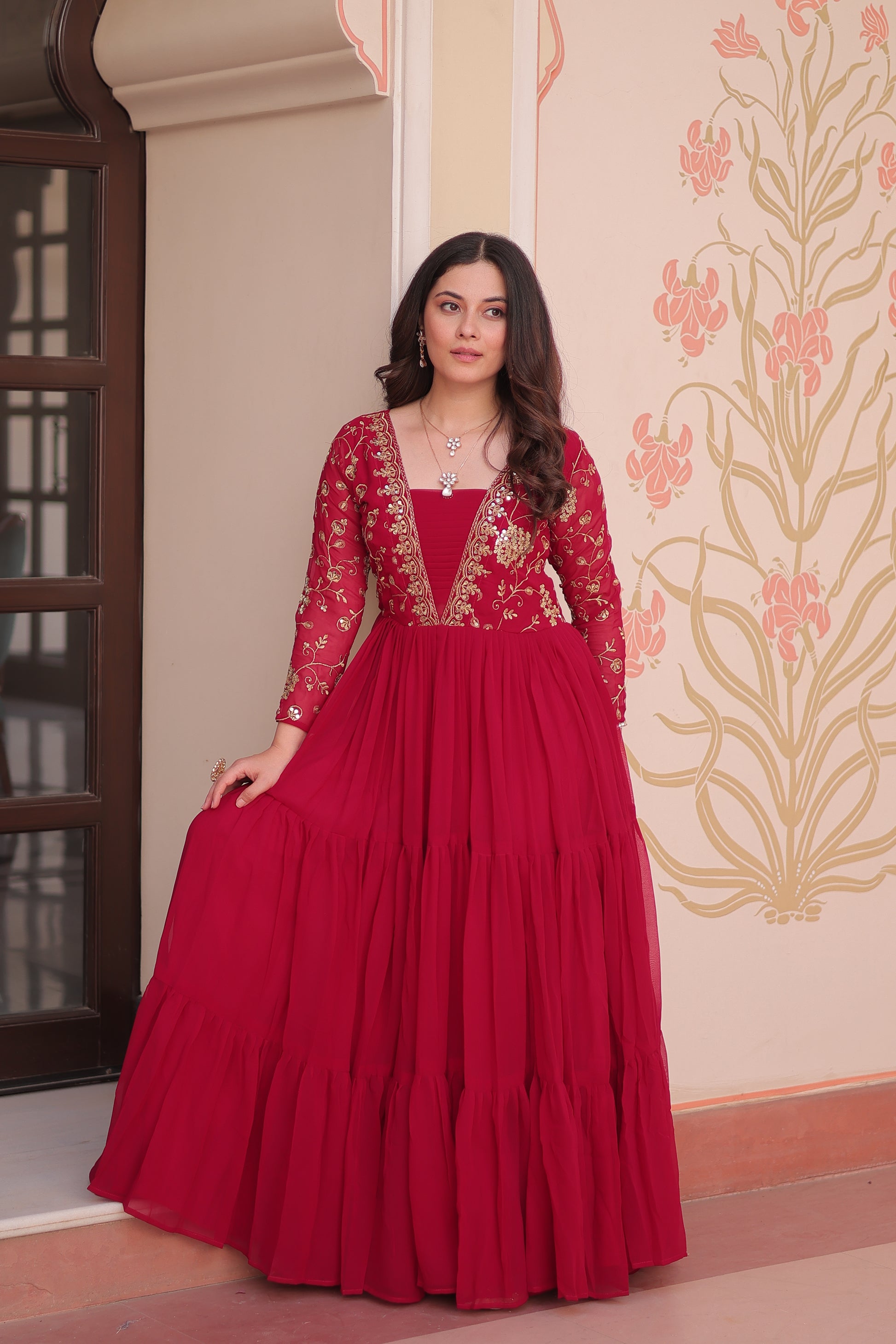 Pink Embroidered Ethnic One Piece Dress