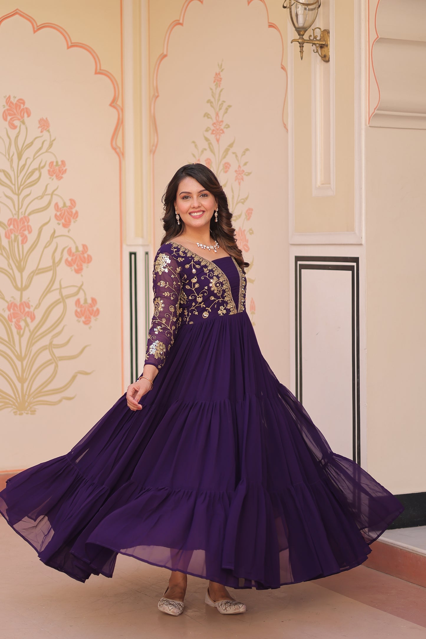 Purple Embroidered Ethnic One Piece Dress