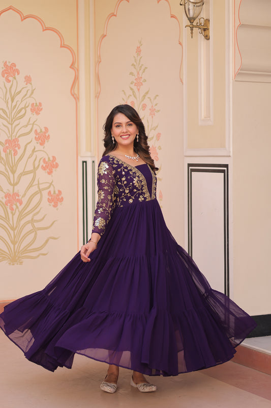 Purple Embroidered Ethnic One Piece Dress