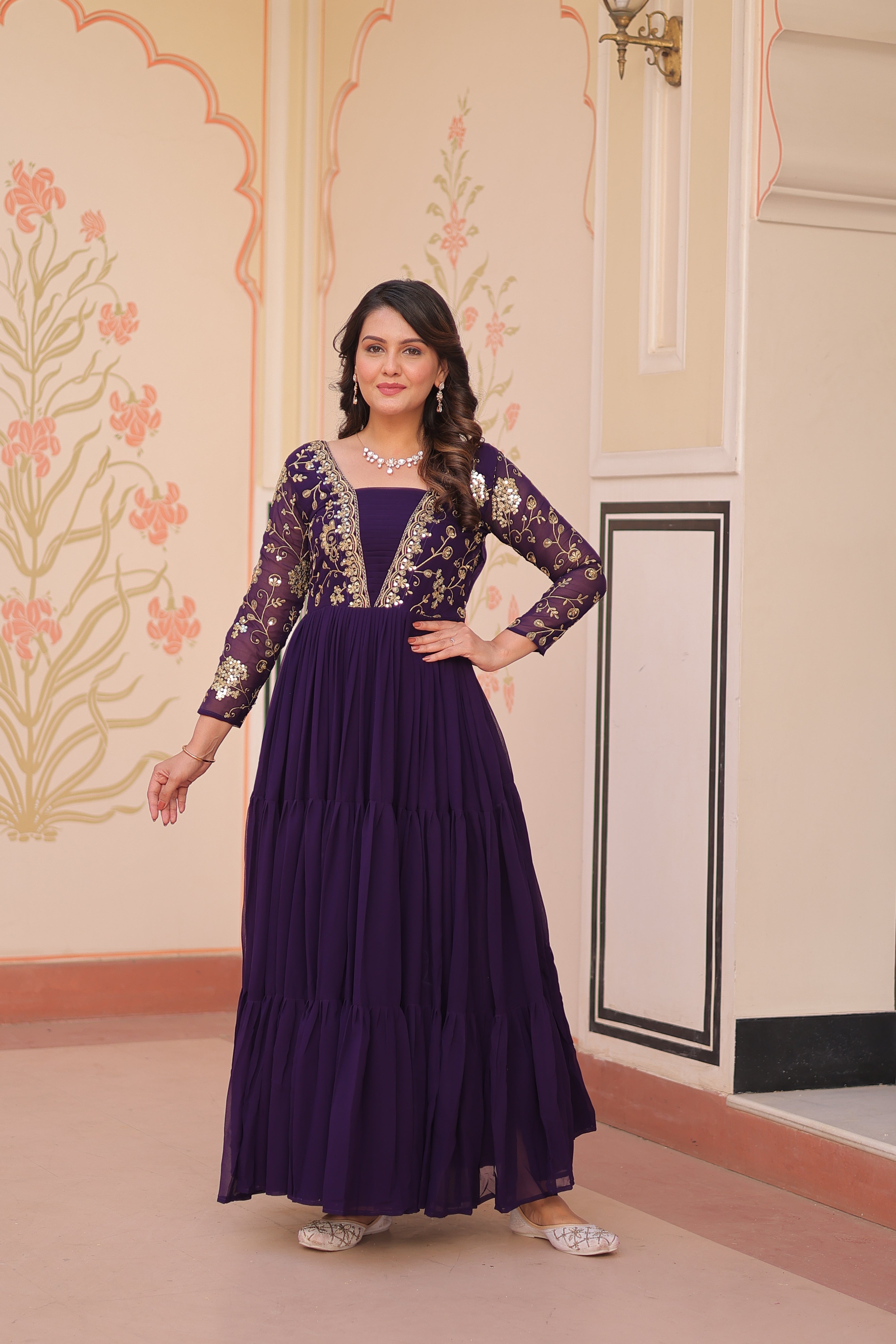 Purple Embroidered Ethnic One Piece Dress