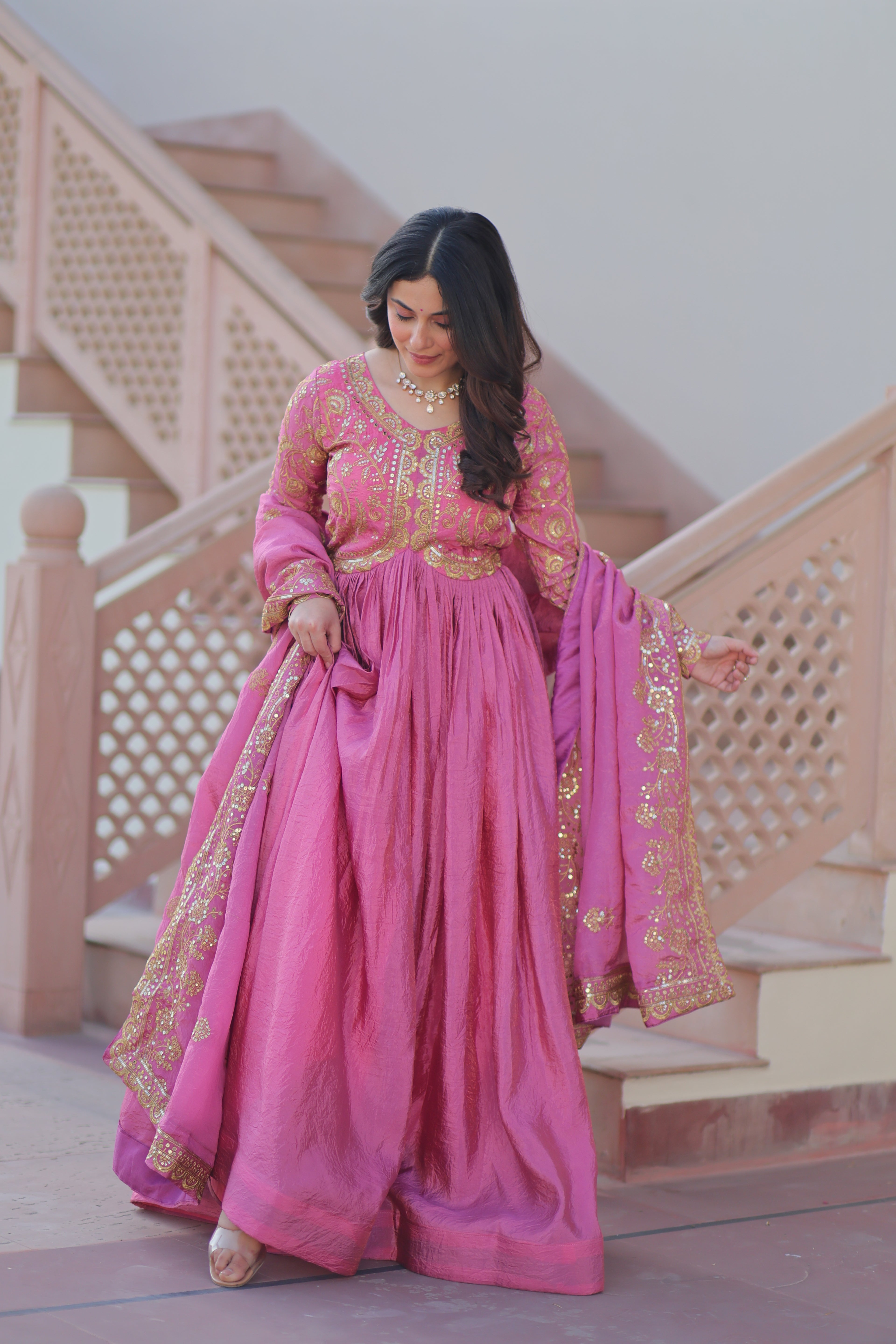 Pink Embroidered Gown For Women With Dupatta