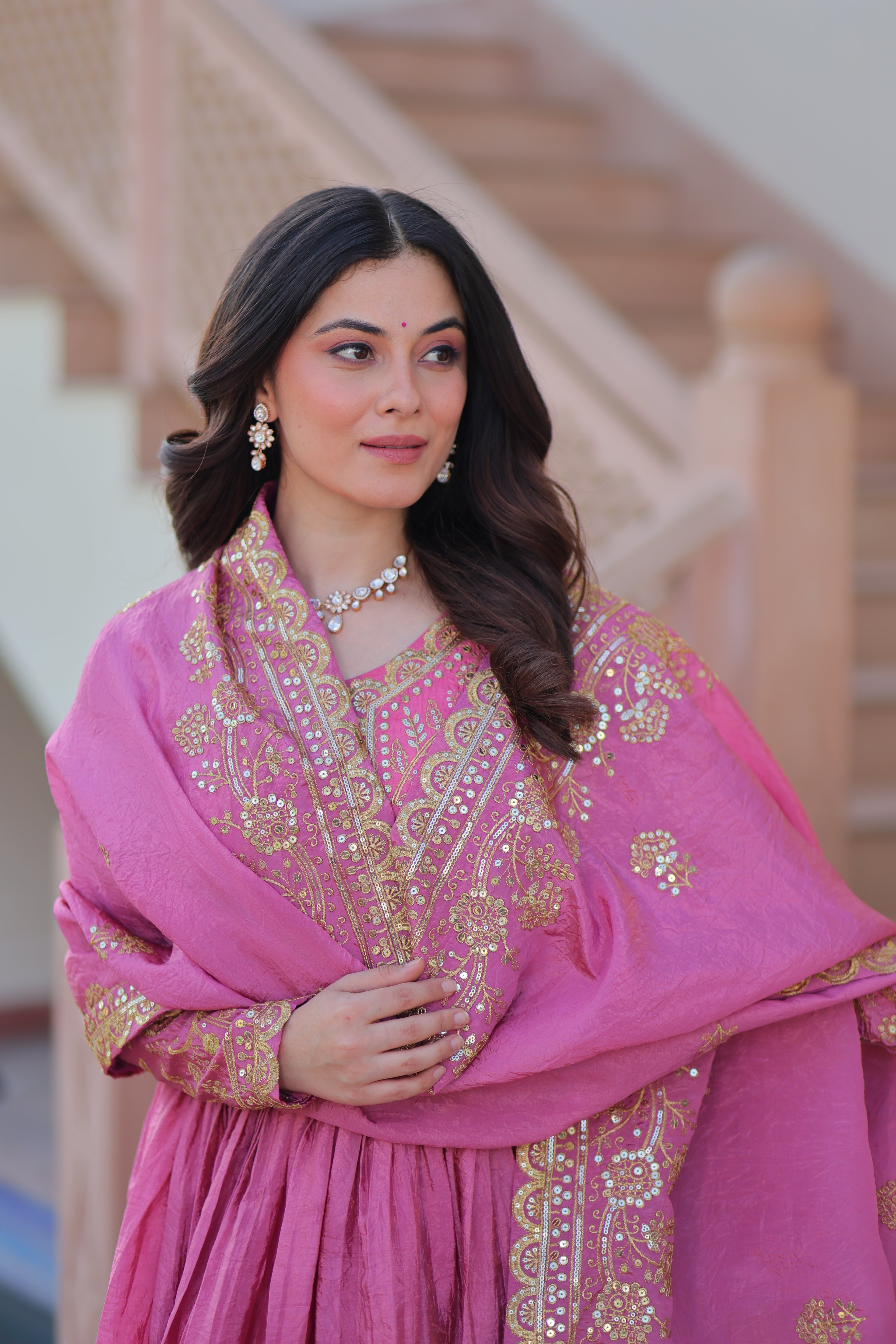 Pink Embroidered Gown For Women With Dupatta