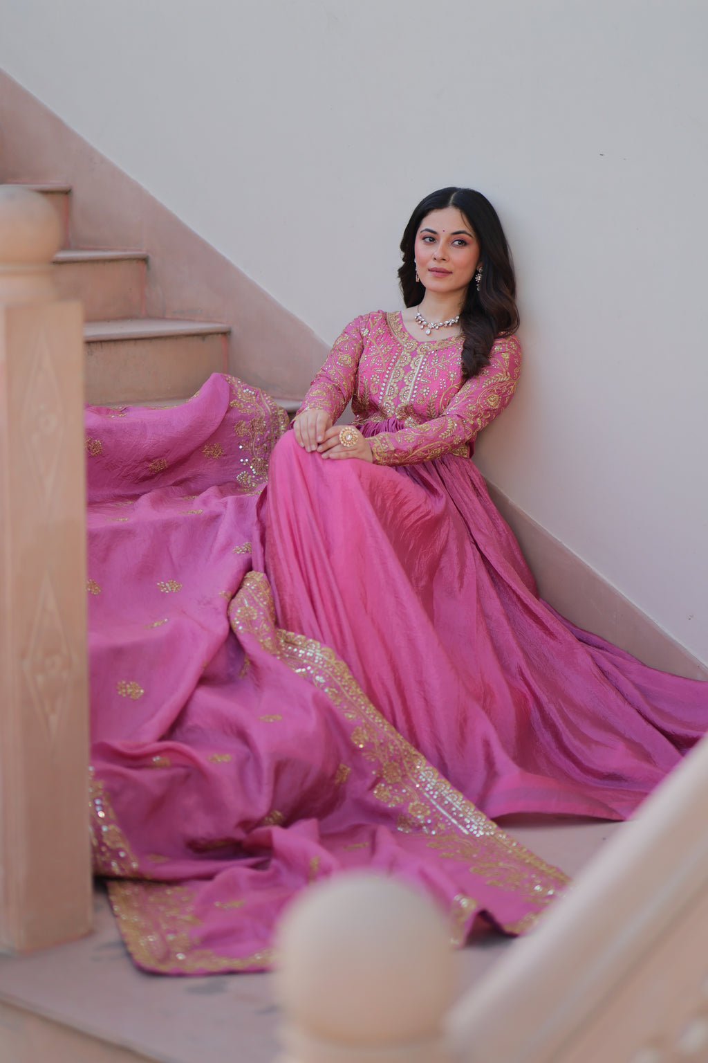 Pink Embroidered Gown For Women With Dupatta