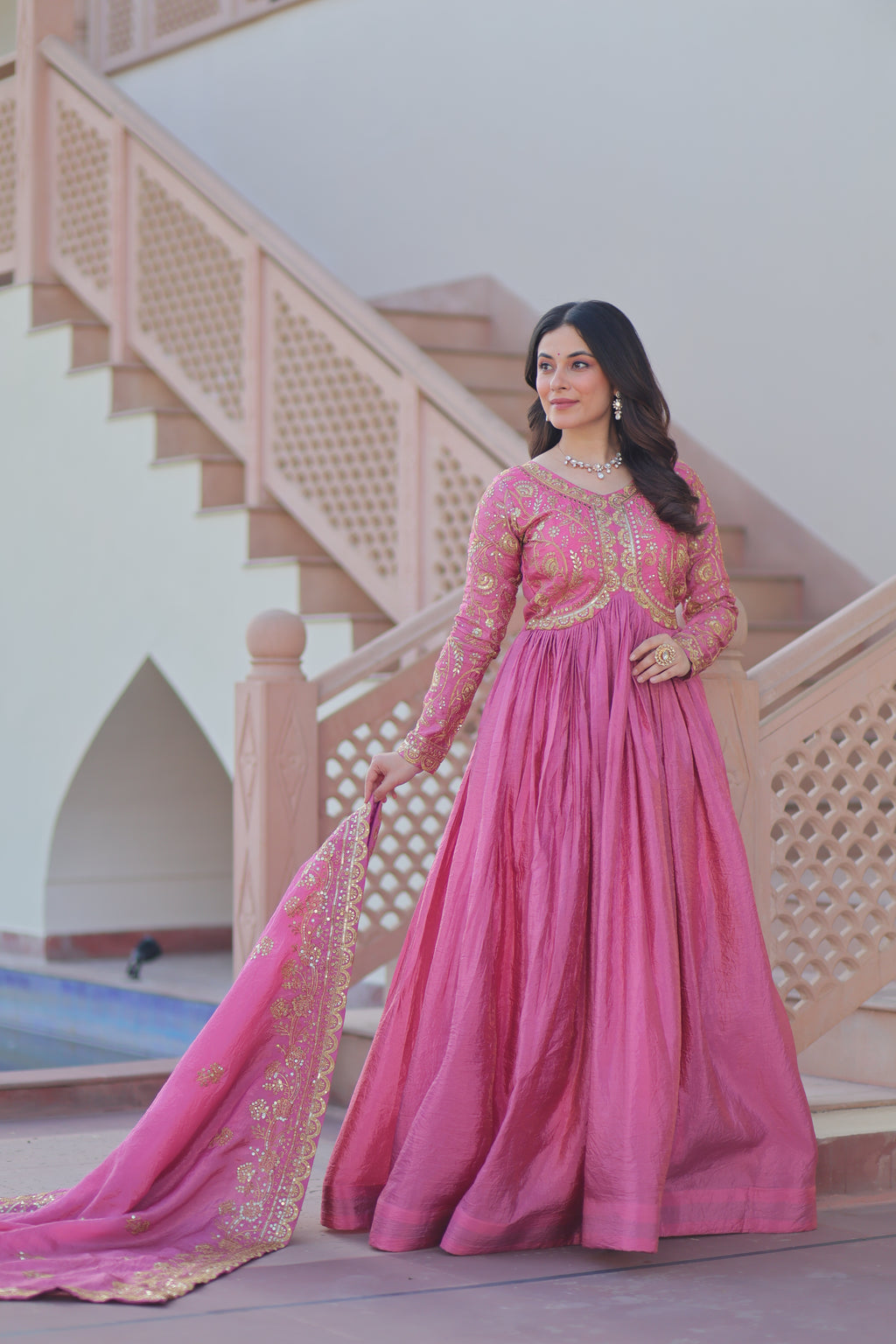 Pink Embroidered Gown For Women With Dupatta