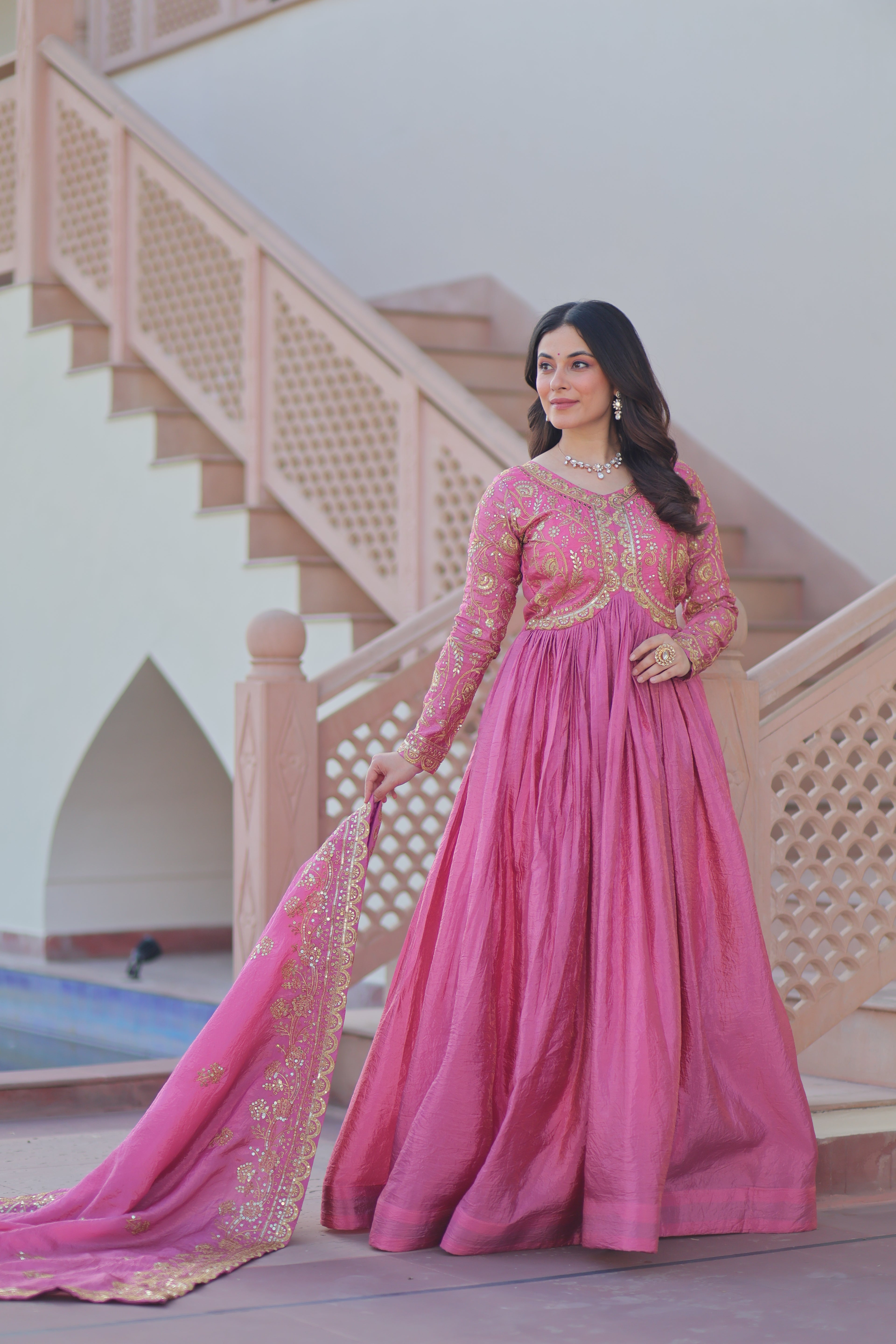 Pink Embroidered Gown For Women With Dupatta