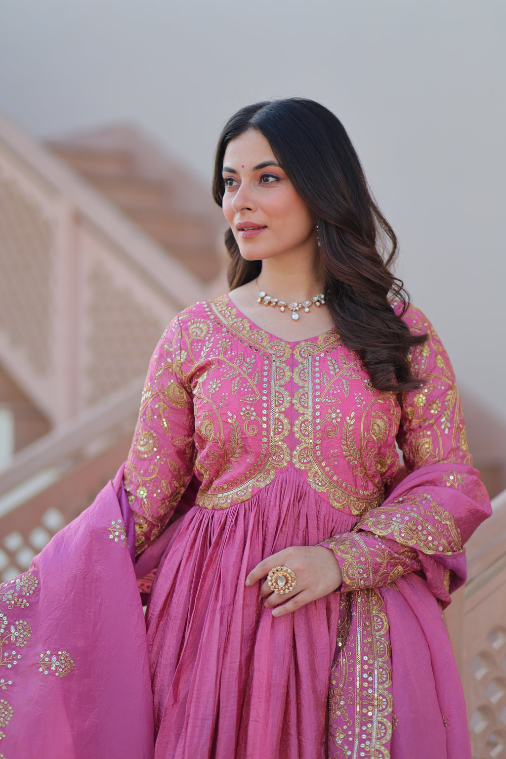 Pink Embroidered Gown For Women With Dupatta