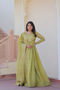 Pista Embroidered Gown For Women With Dupatta