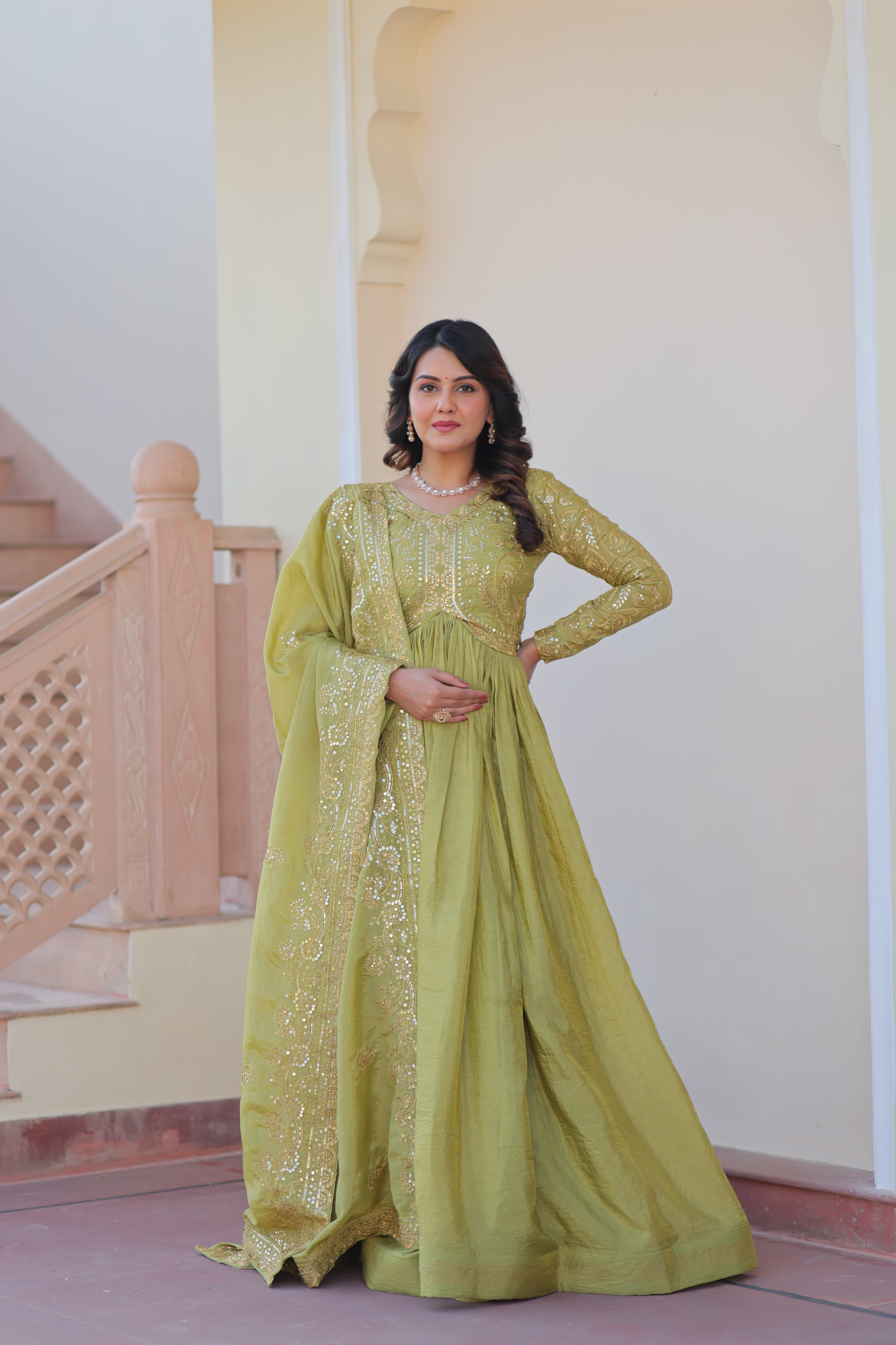 Pista Embroidered Gown For Women With Dupatta