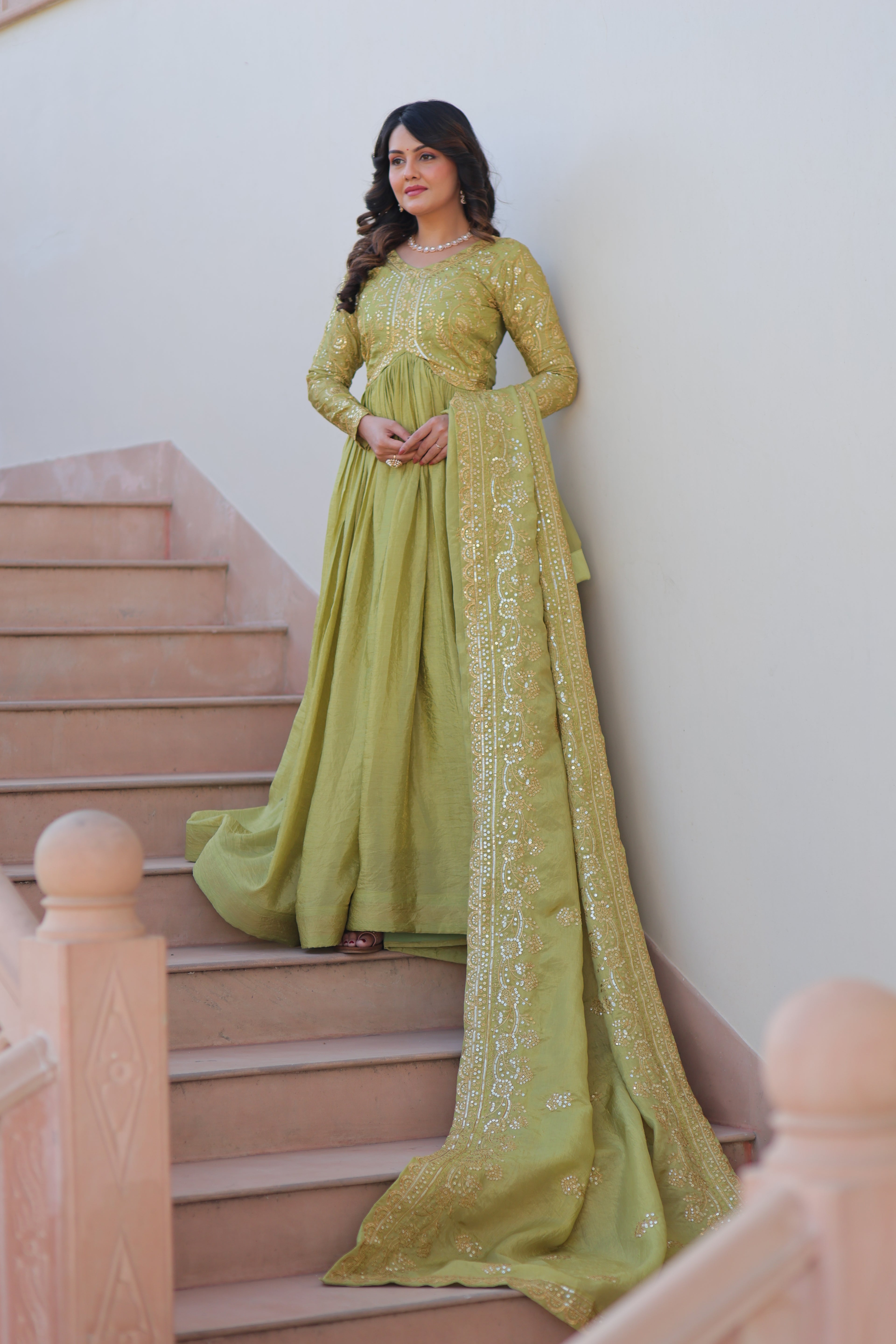 Pista Embroidered Gown For Women With Dupatta