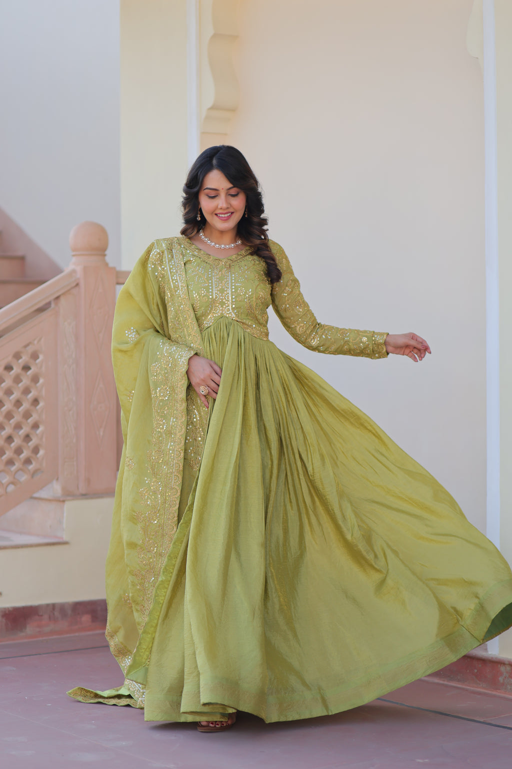 Pista Embroidered Gown For Women With Dupatta