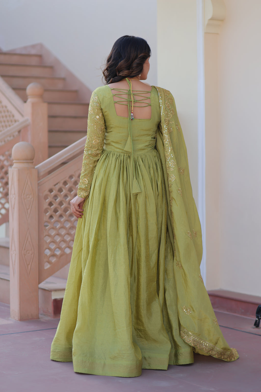 Pista Embroidered Gown For Women With Dupatta