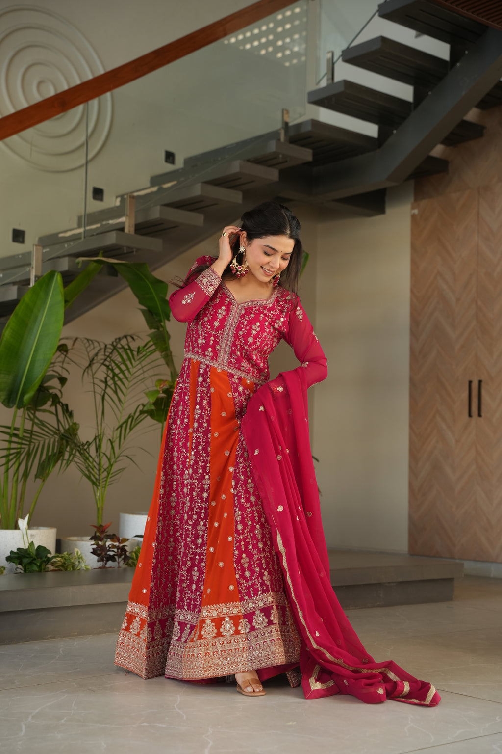 Pink Georgette Embrodary kali work gown with dupatta