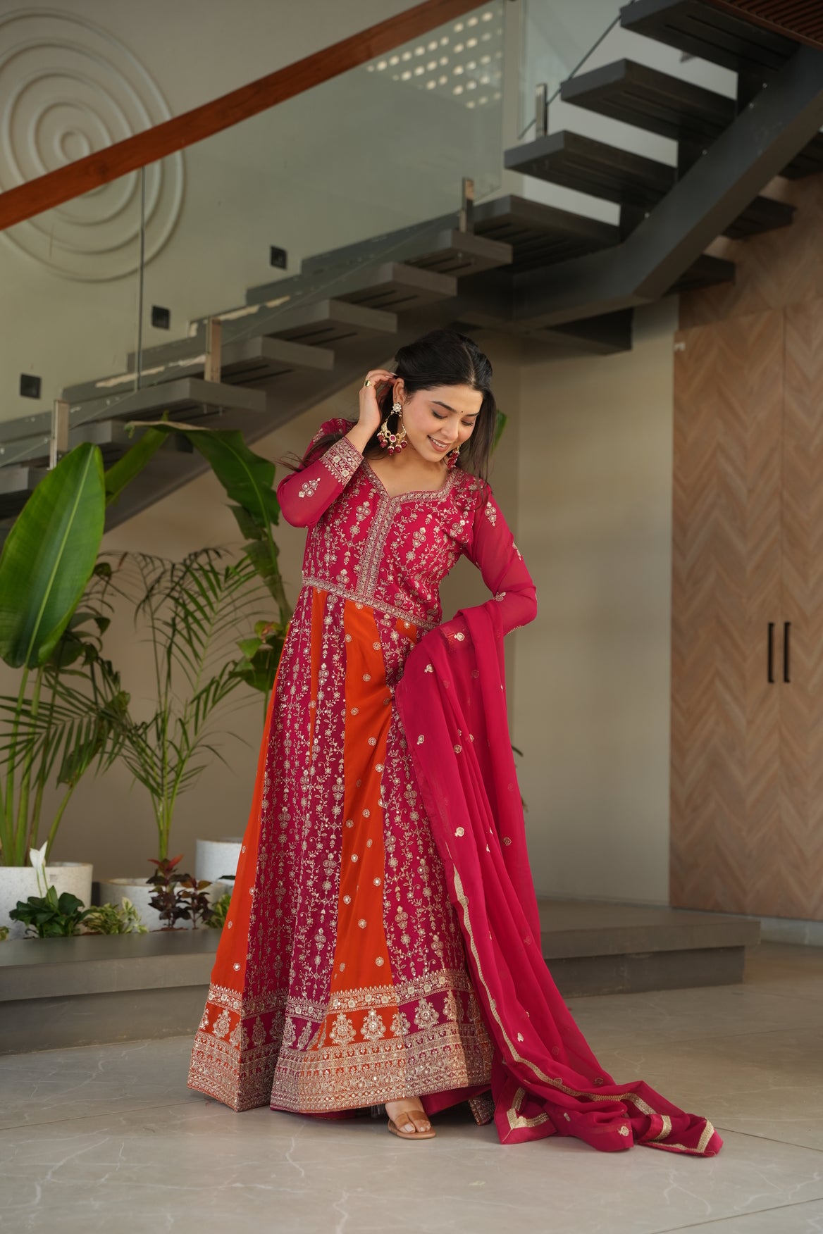 Pink Georgette Embrodary kali work gown with dupatta