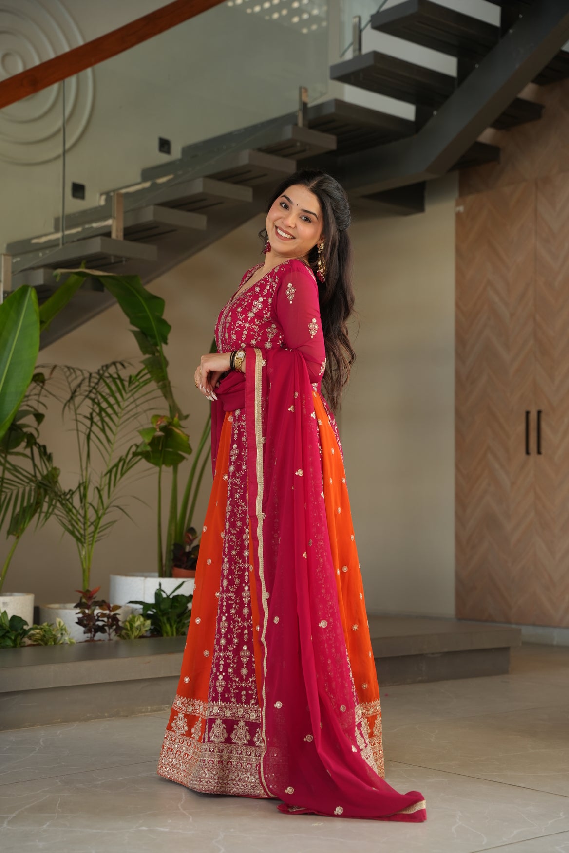 Pink Georgette Embrodary kali work gown with dupatta