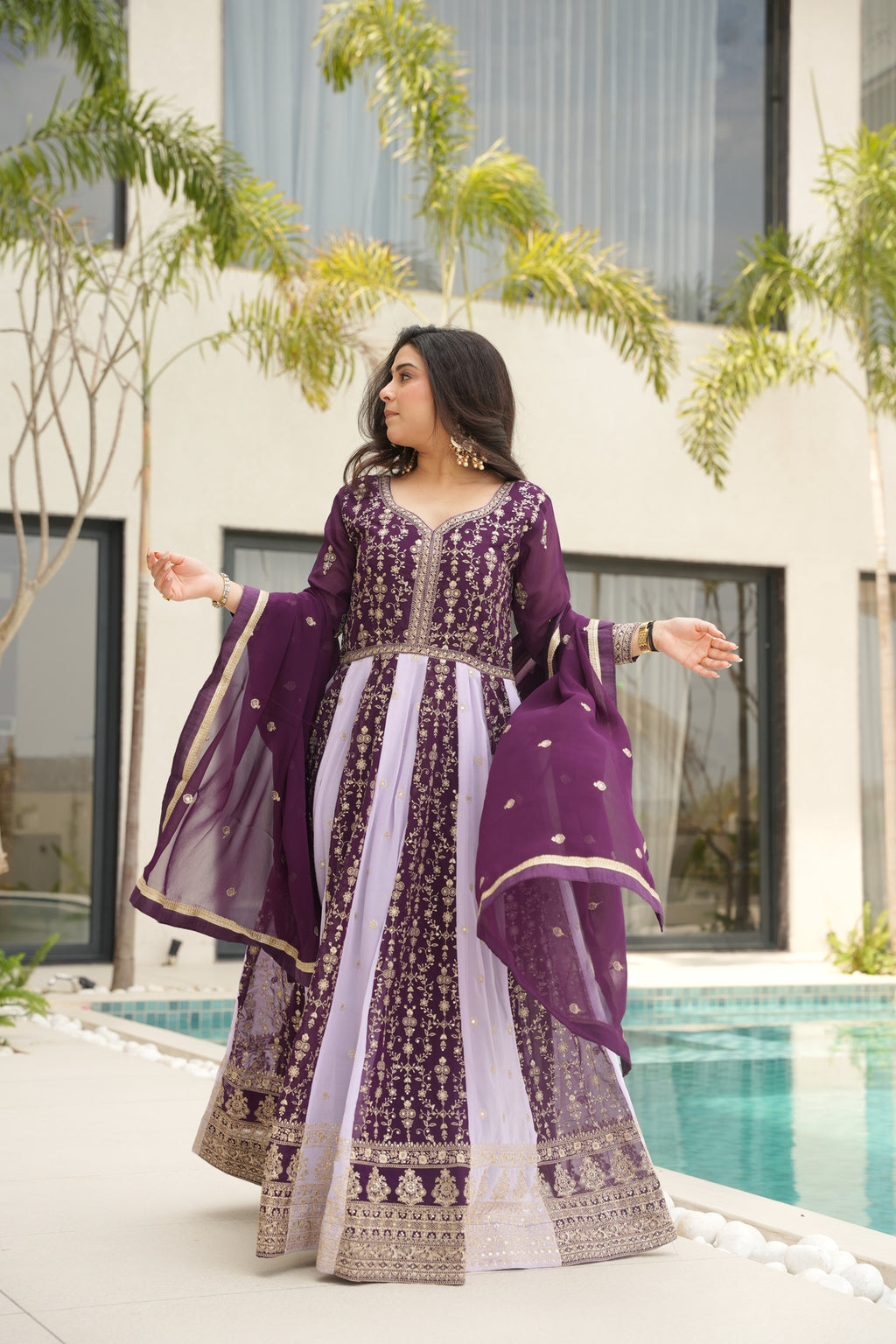 Purple Georgette Embrodary kali work gown with dupatta
