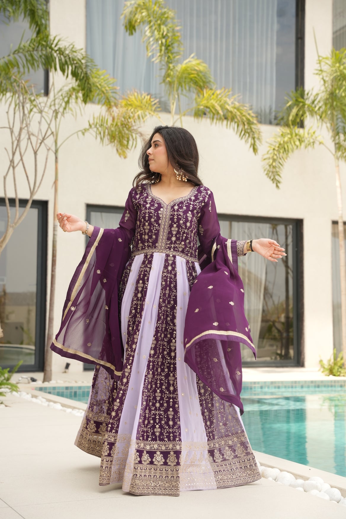 Purple Georgette Embrodary kali work gown with dupatta