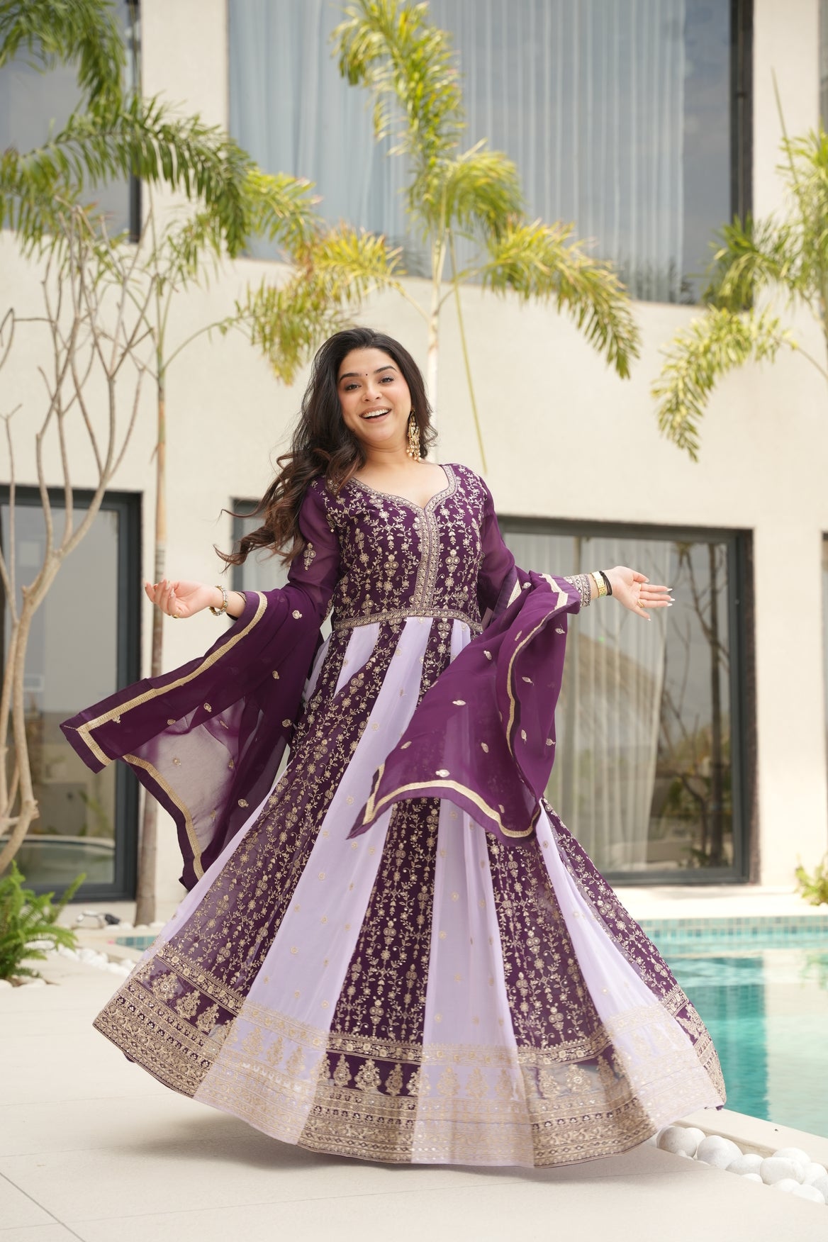 Purple Georgette Embrodary kali work gown with dupatta