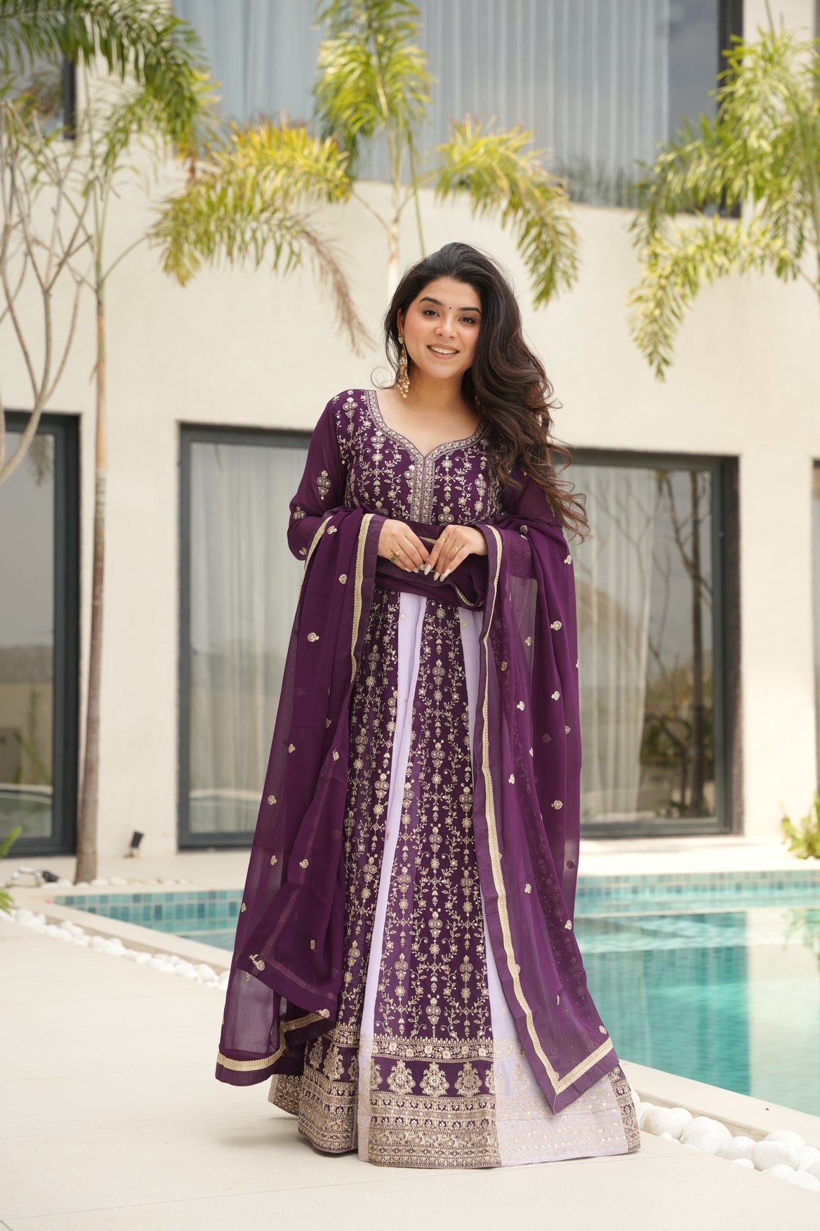 Purple Georgette Embrodary kali work gown with dupatta