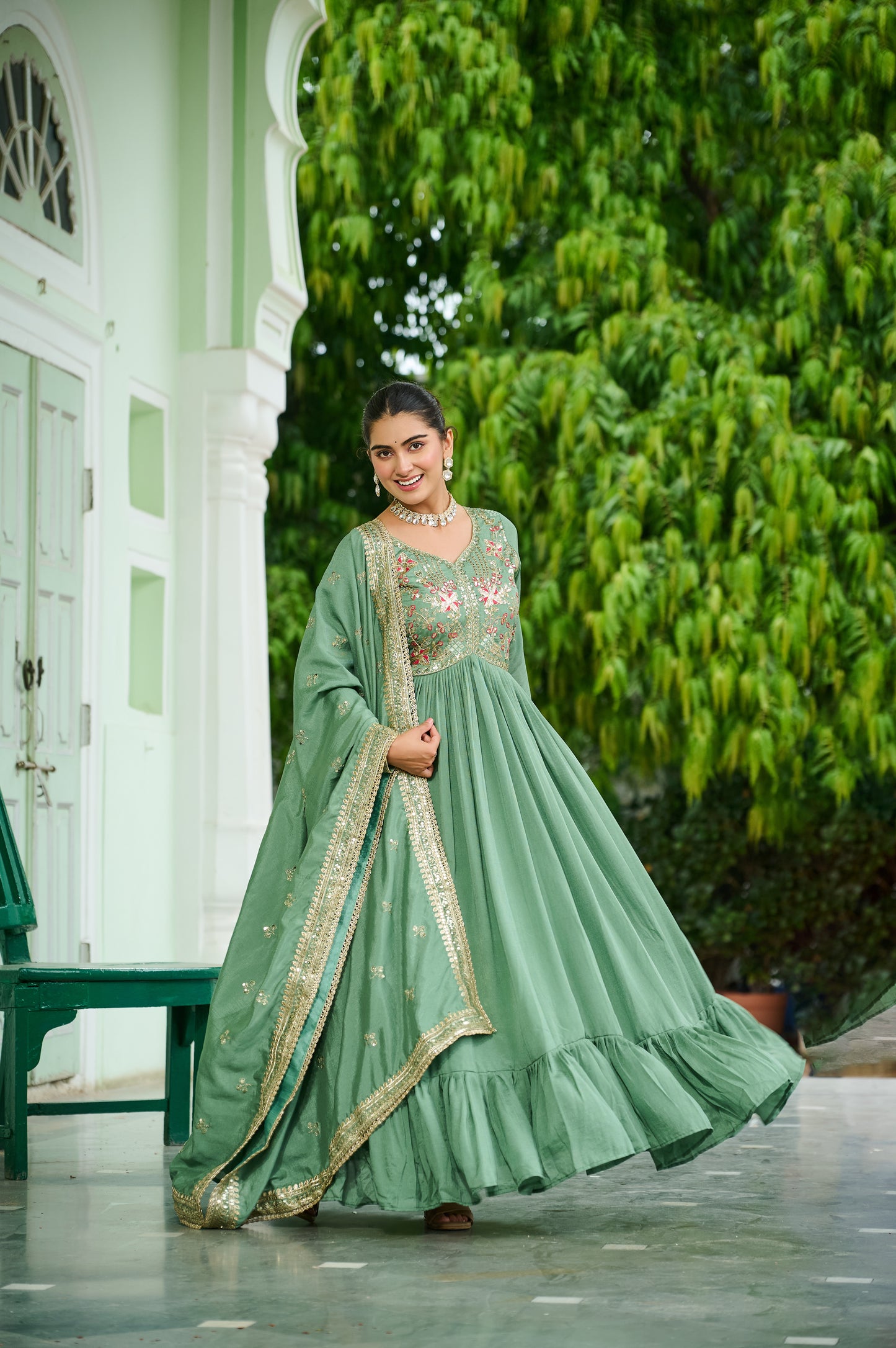 Firozi Vichitra Silk Embroidered Flared Ethnic Gown