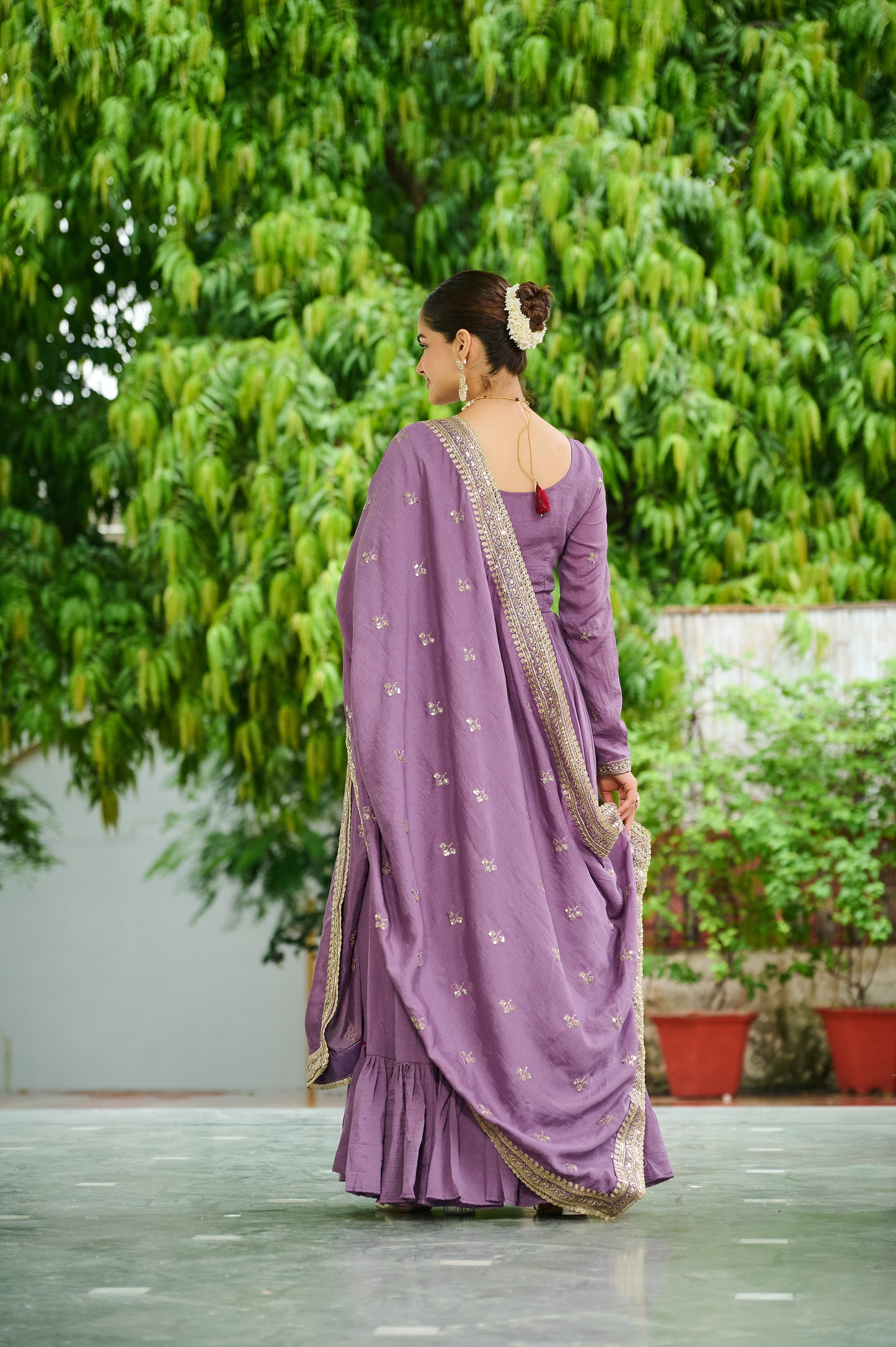 Onion Vichitra Silk Embroidered Flared Ethnic Gown