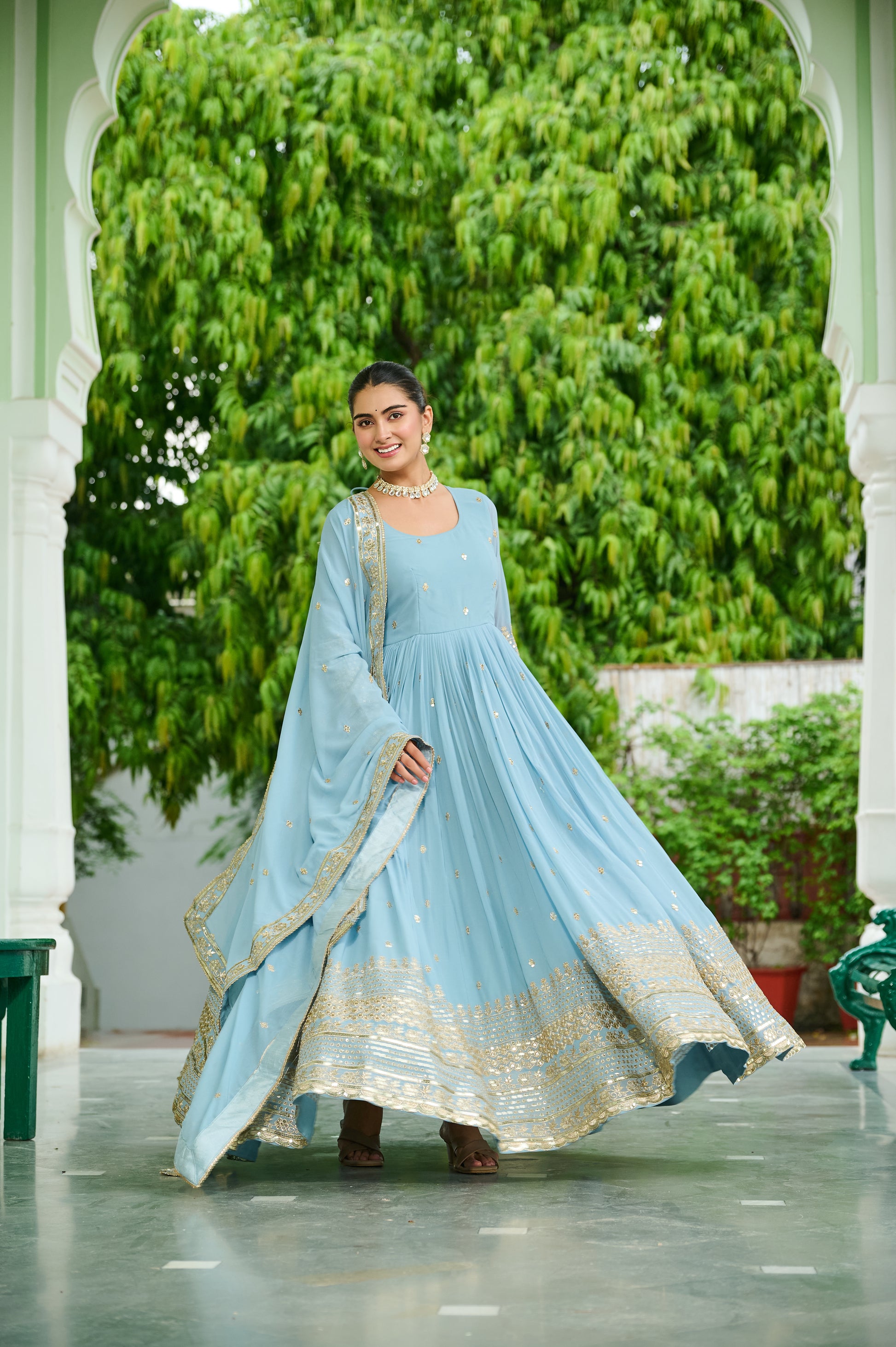 Sky Blue Georgette Embroidery Anarkali Gown With Dupatta