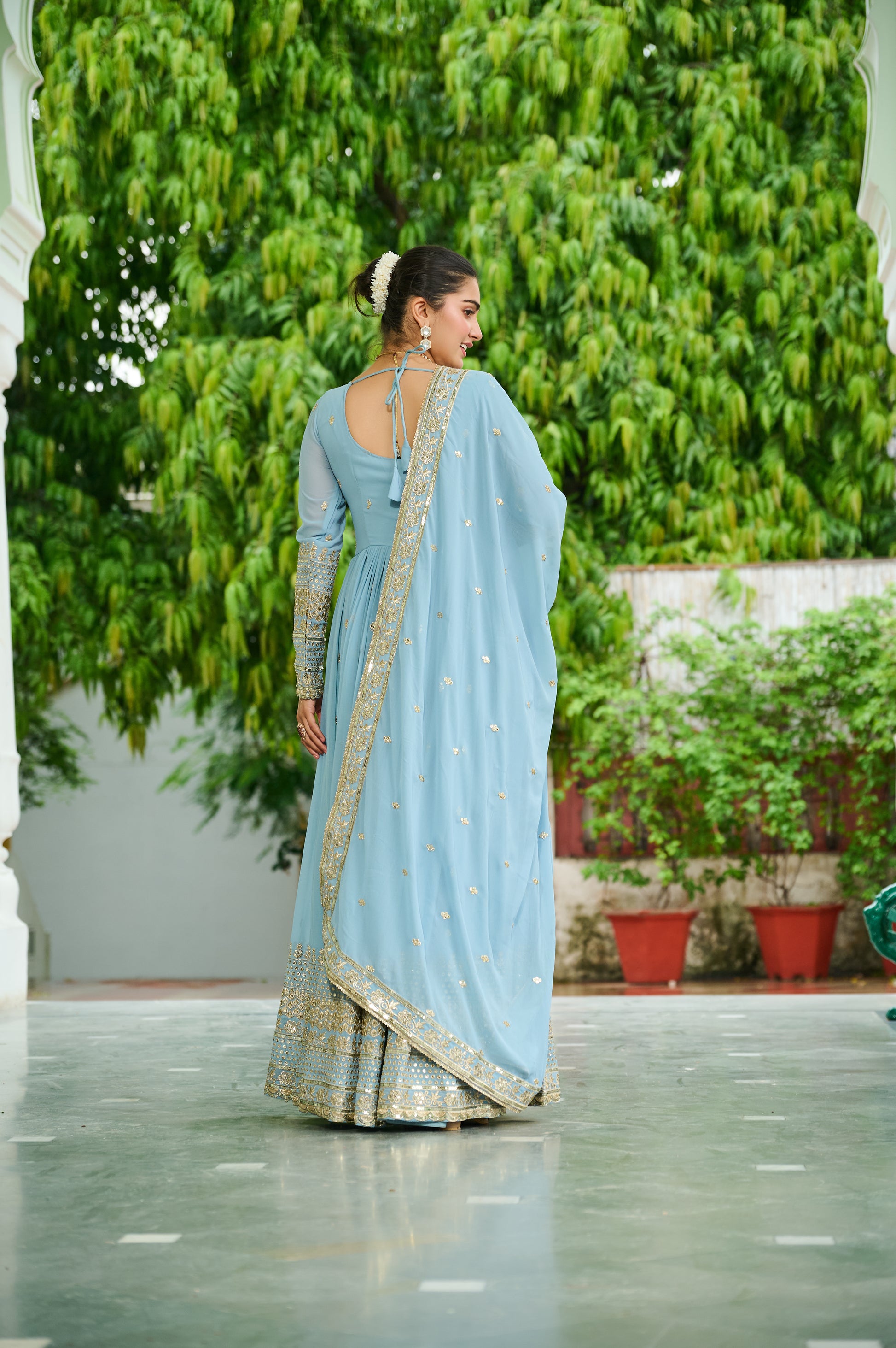 Sky Blue Georgette Embroidery Anarkali Gown With Dupatta