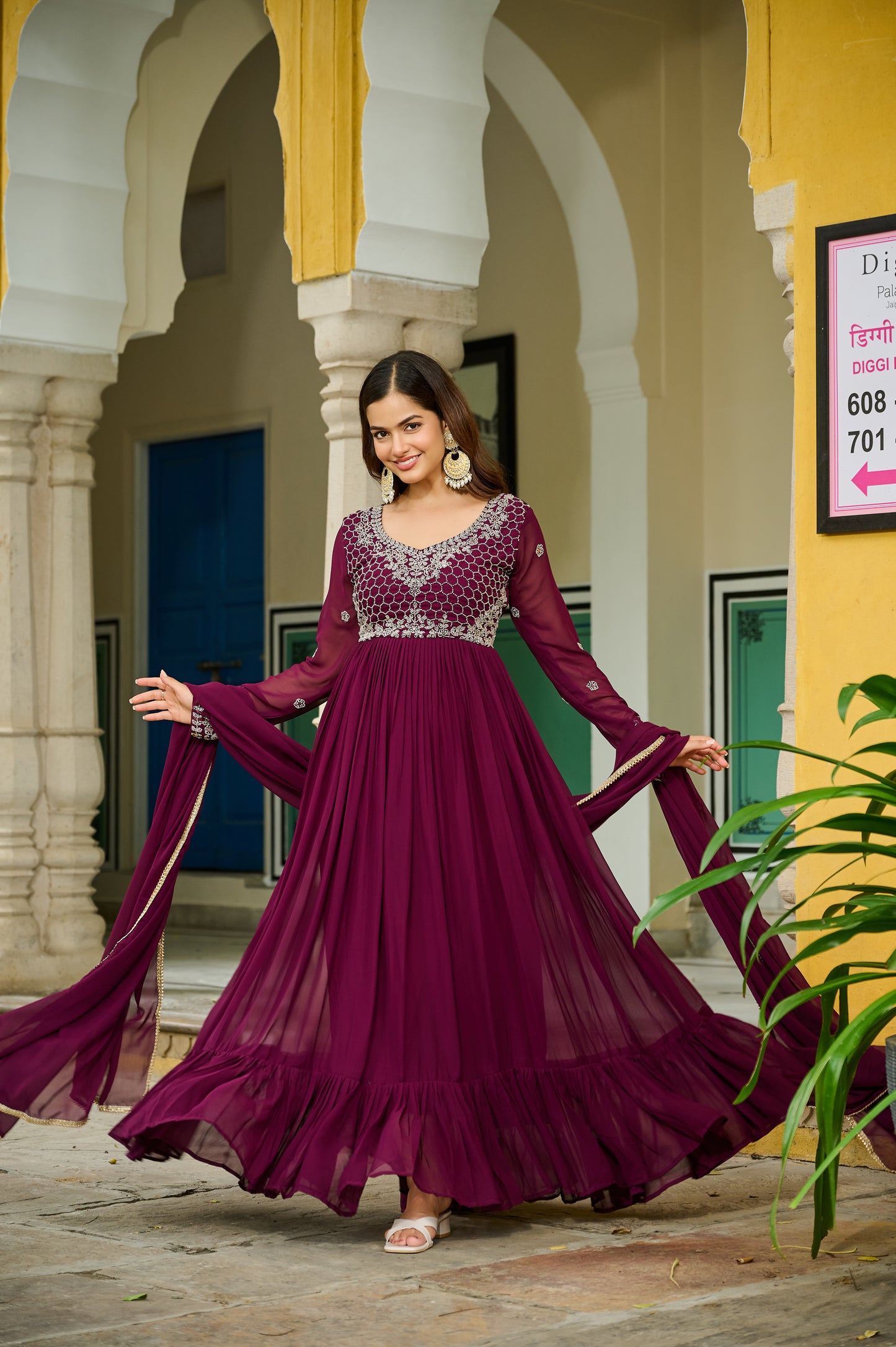 wine embroidered ethnic maxi dress with dupatta