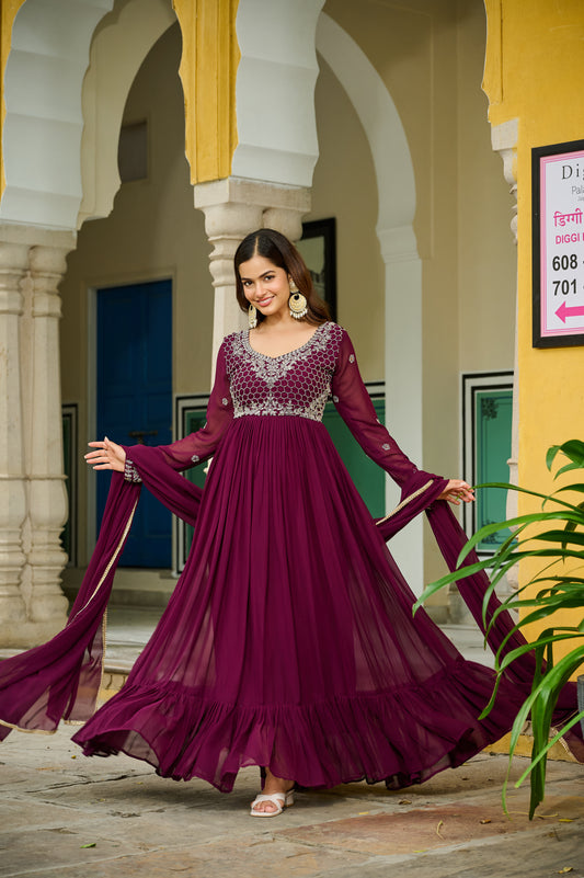 wine embroidered ethnic maxi dress with dupatta