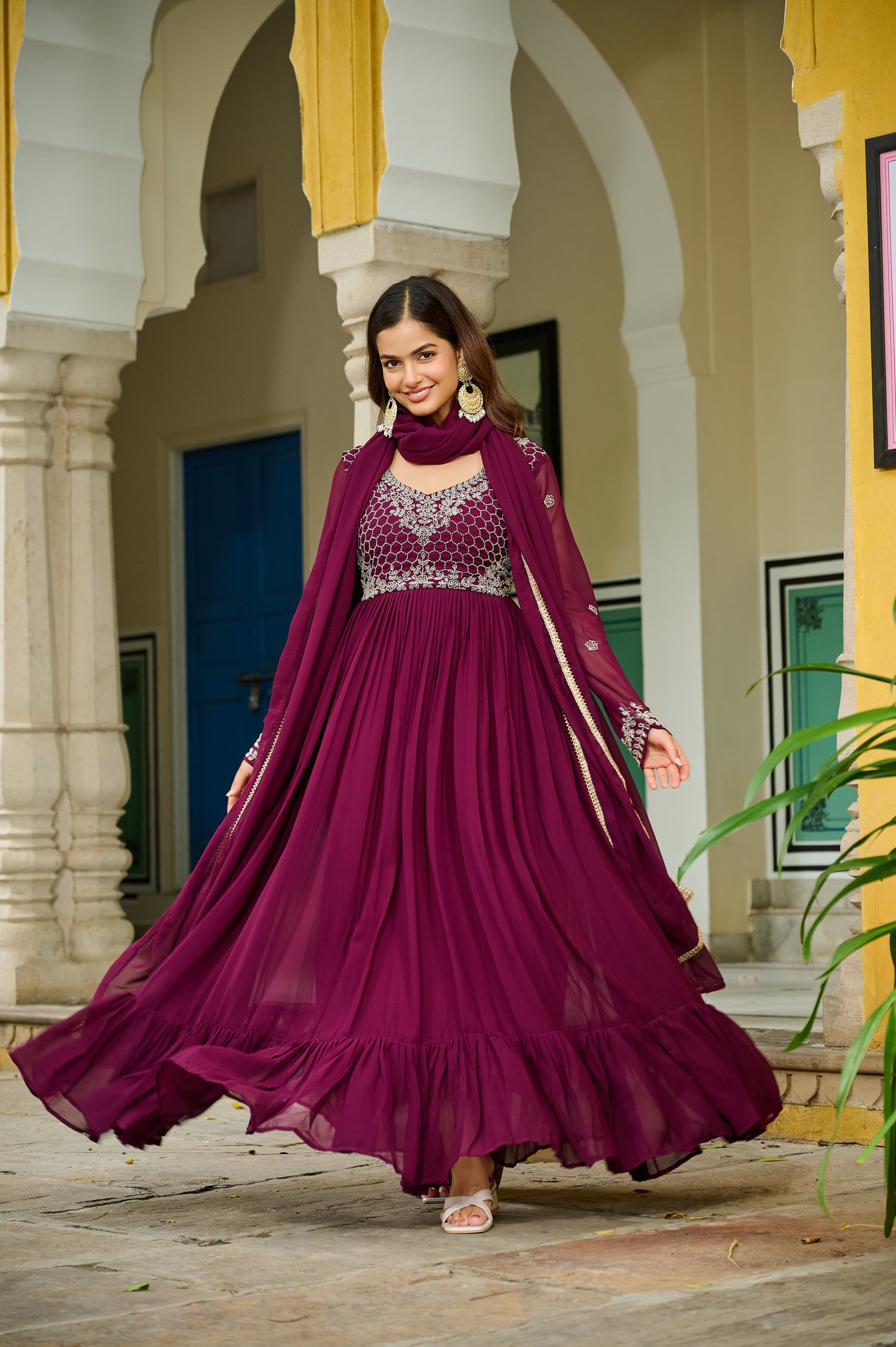 wine embroidered ethnic maxi dress with dupatta