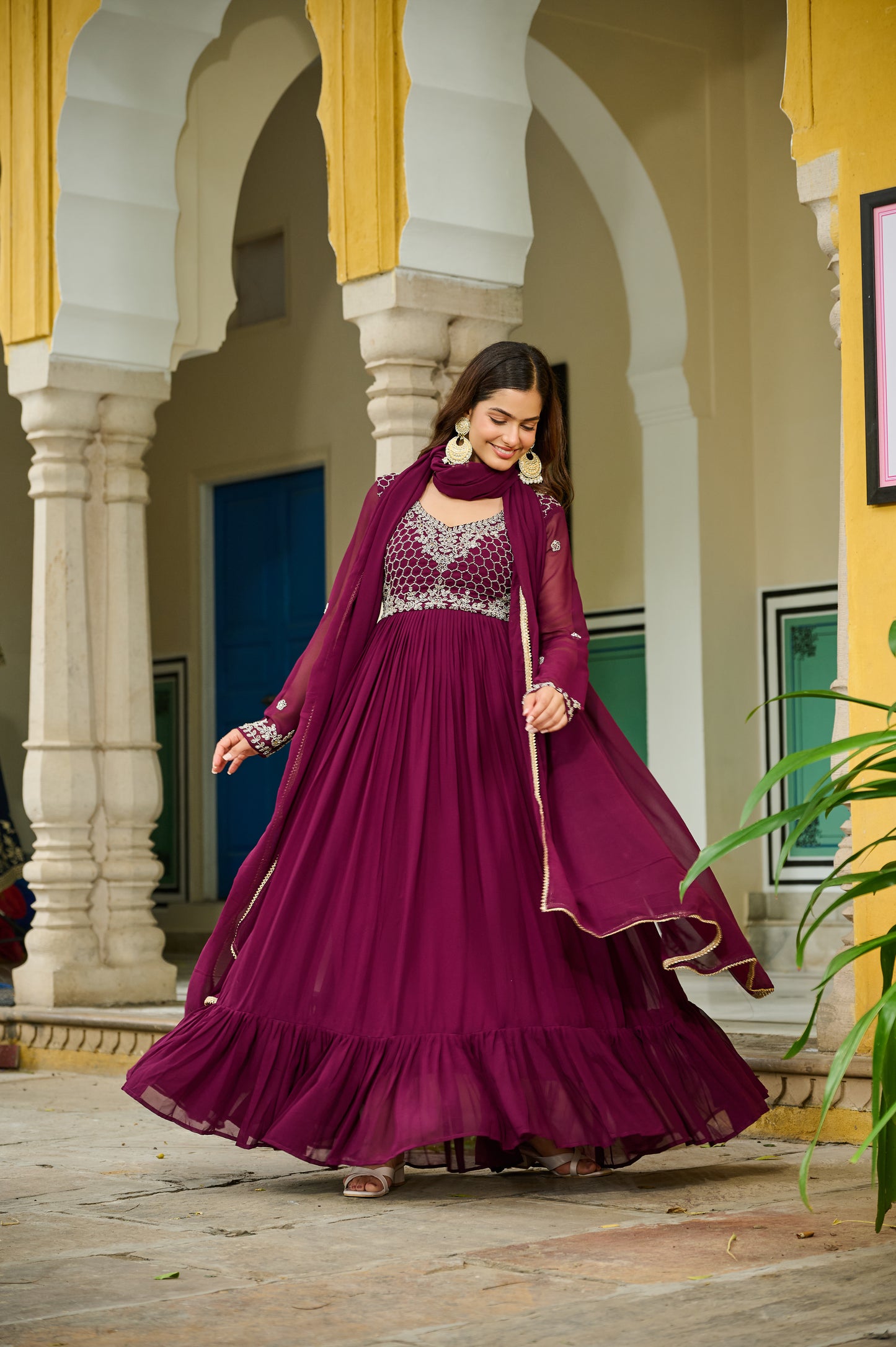 wine embroidered ethnic maxi dress with dupatta