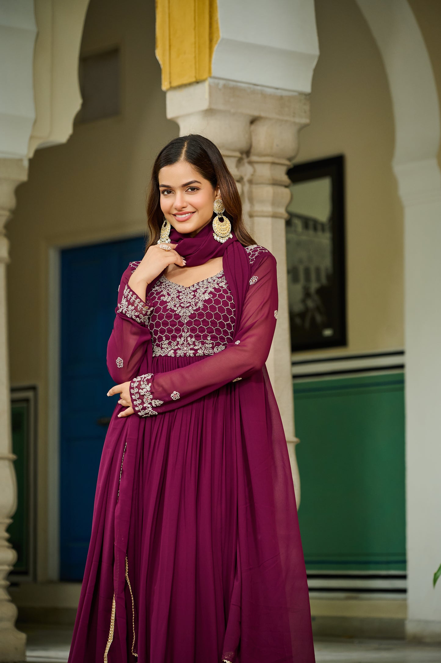 wine embroidered ethnic maxi dress with dupatta