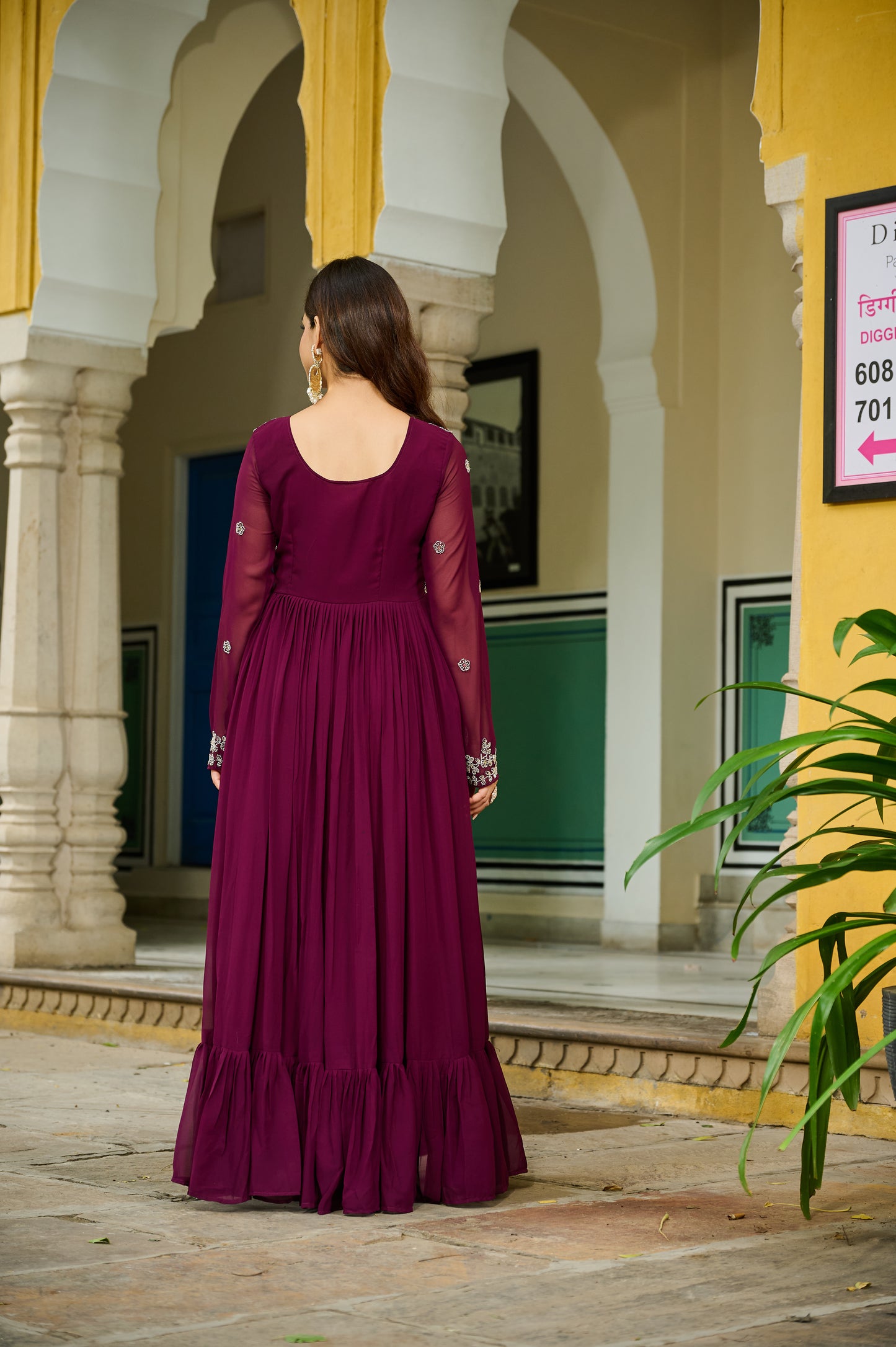 wine embroidered ethnic maxi dress with dupatta