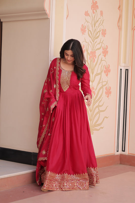 Pink Georgette Embroidery Long Anarkali Gown With Dupatta