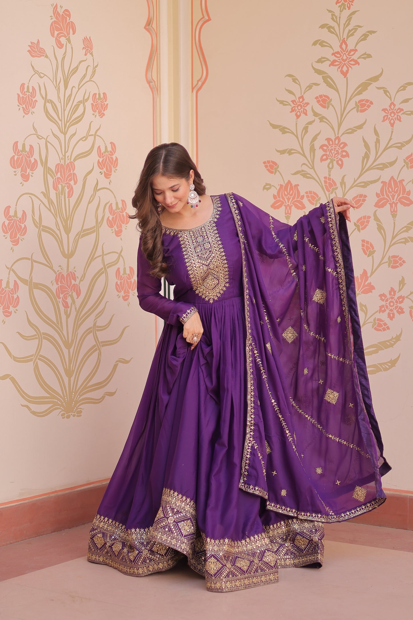 Purple Georgette Embroidery Long Anarkali Gown With Dupatta