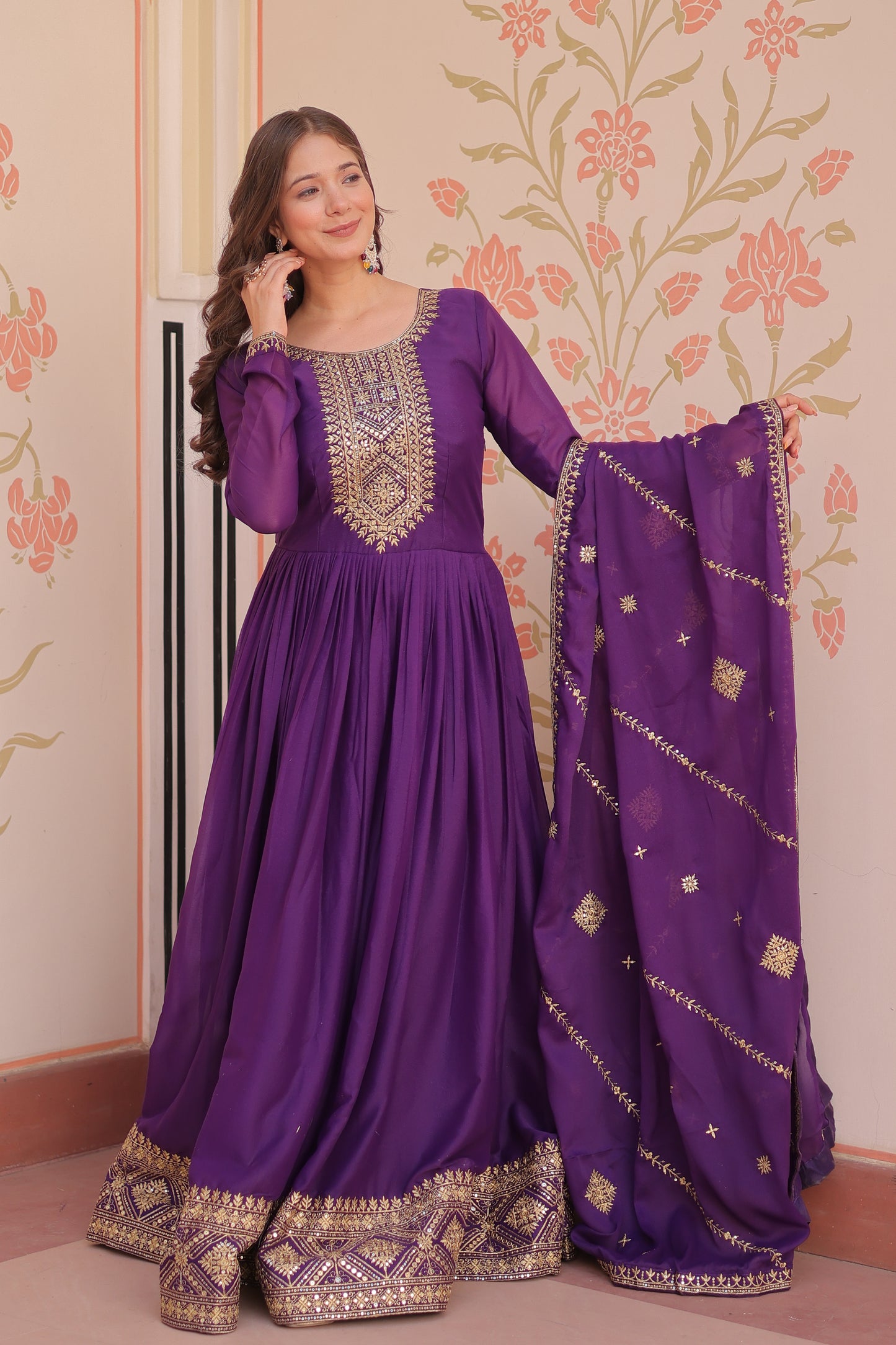 Purple Georgette Embroidery Long Anarkali Gown With Dupatta