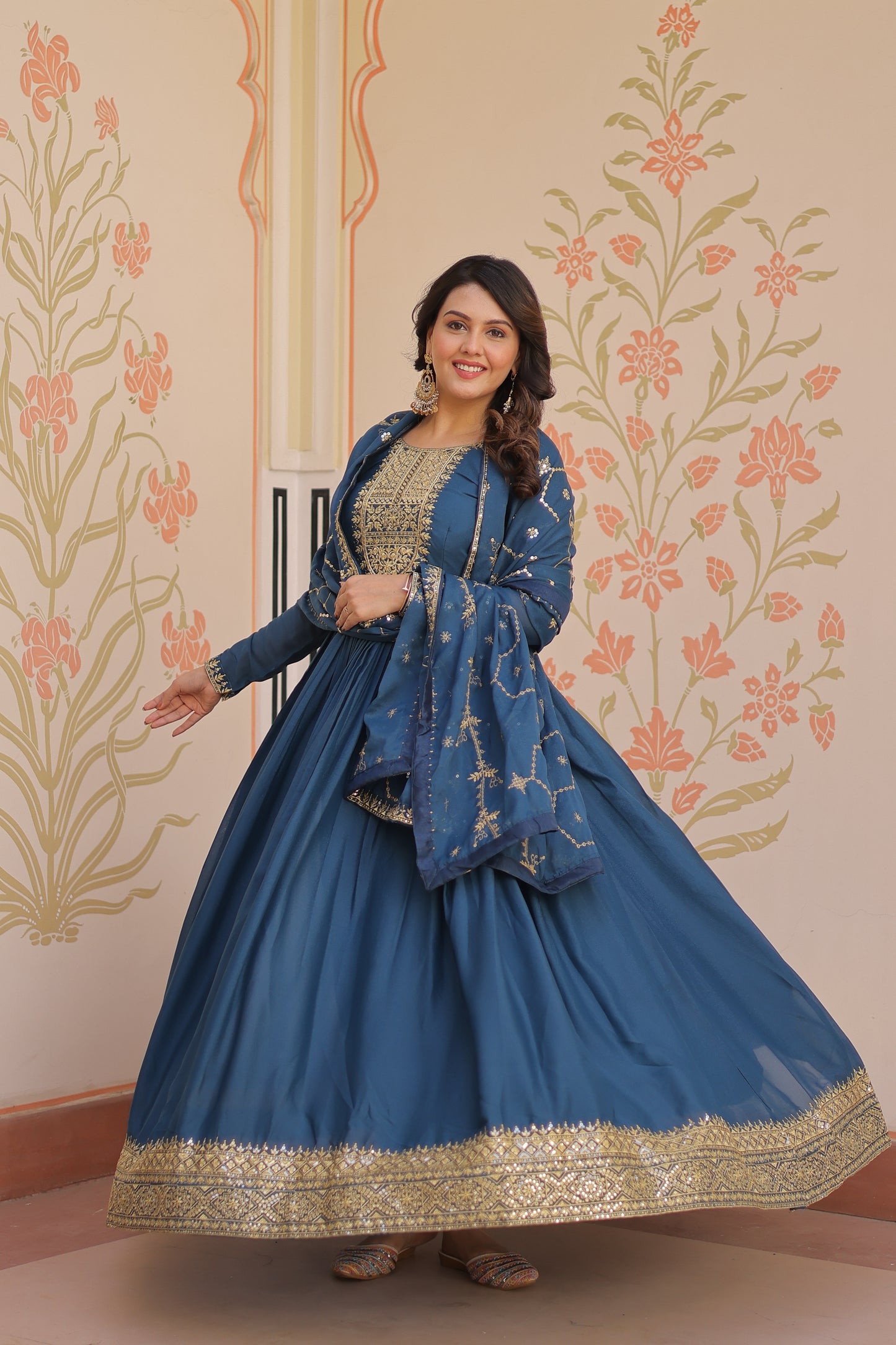 Rama Georgette Embroidery Long Anarkali Gown With Dupatta
