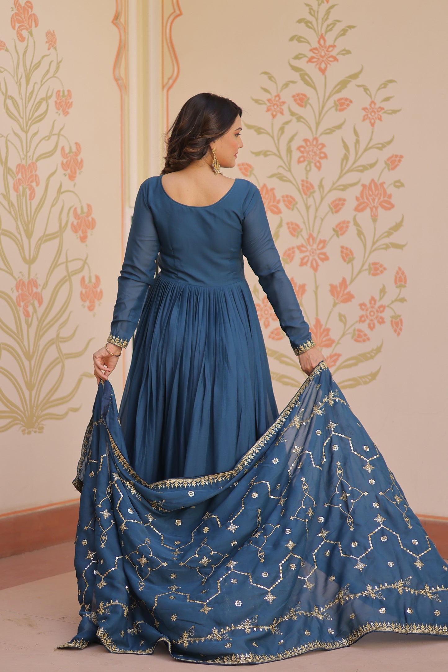 Rama Georgette Embroidery Long Anarkali Gown With Dupatta