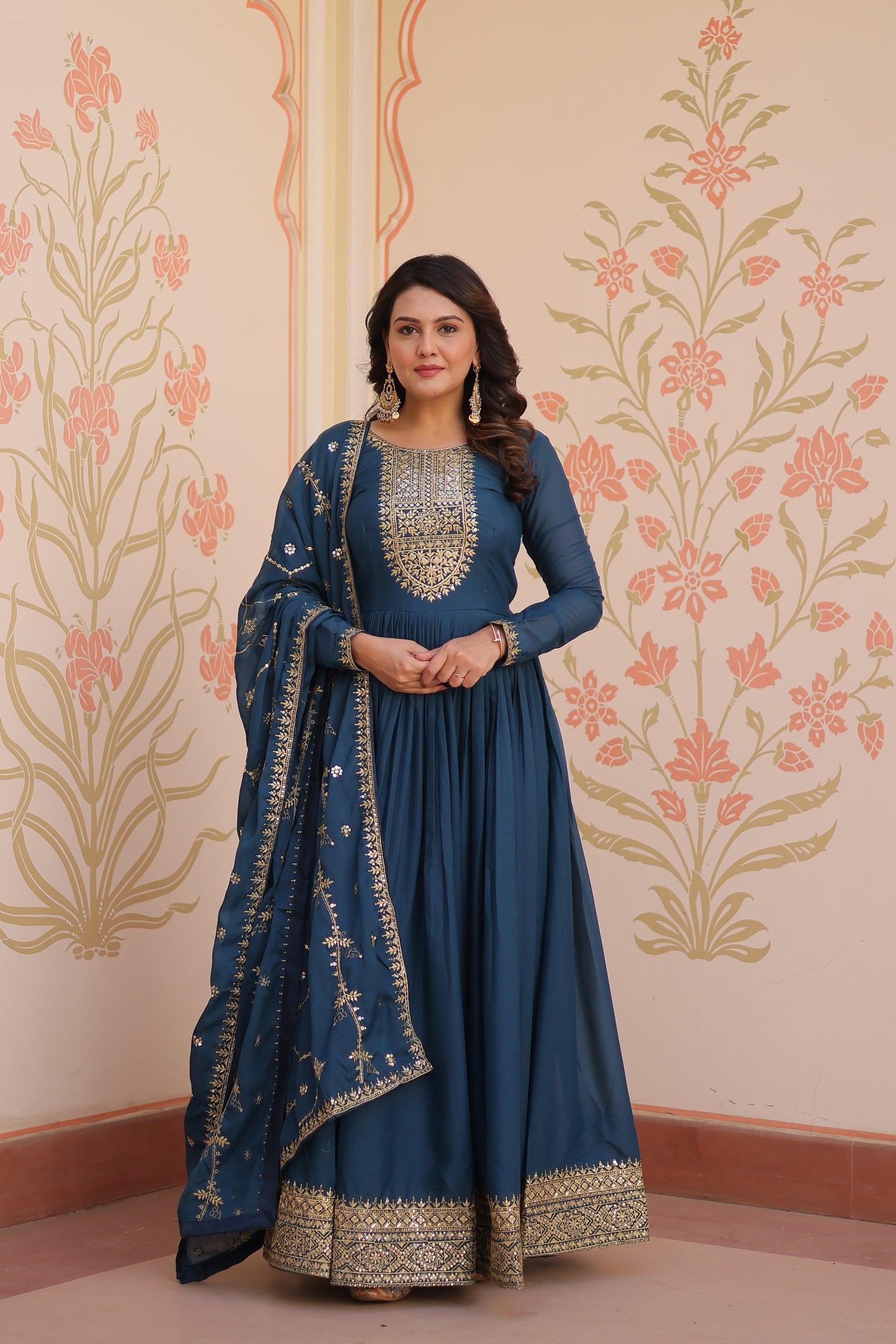 Rama Georgette Embroidery Long Anarkali Gown With Dupatta