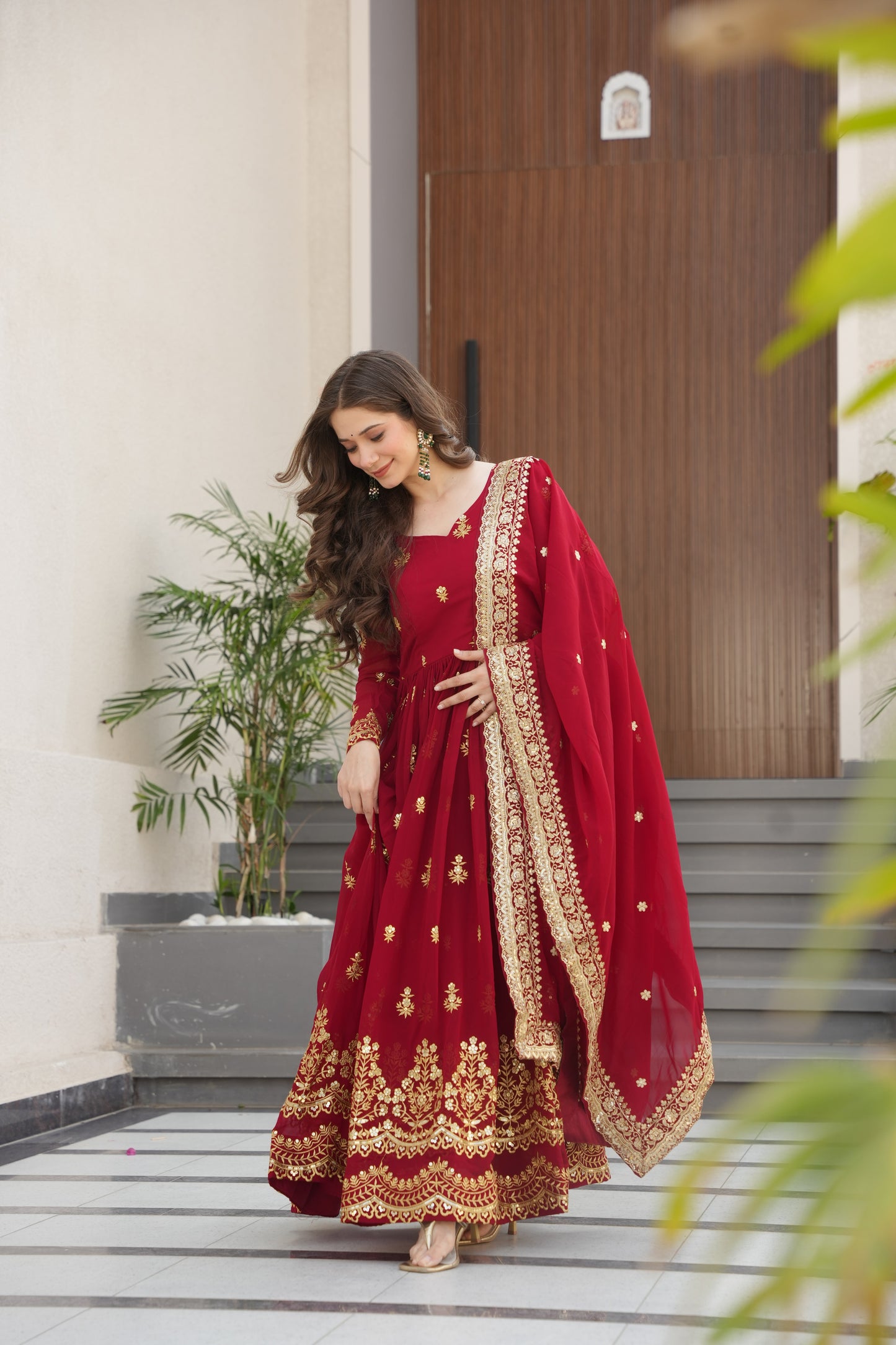Maroon Georgette Embrodary Work Logn Gown