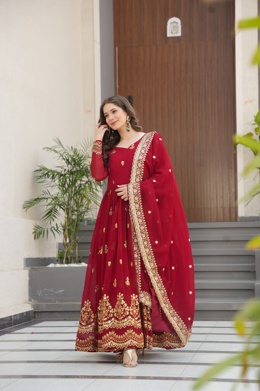 Maroon Georgette Embrodary Work Logn Gown