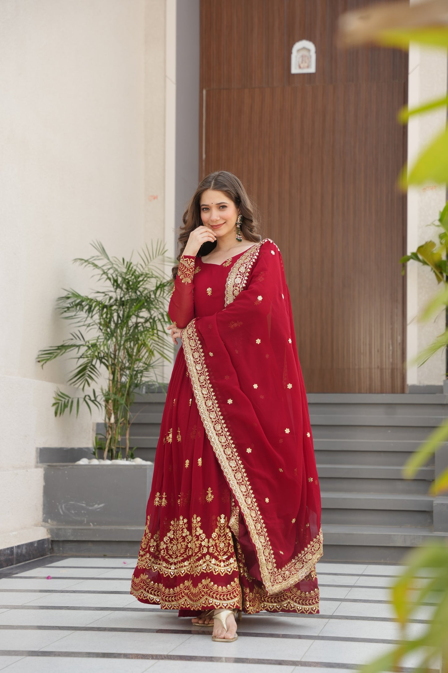 Maroon Georgette Embrodary Work Logn Gown