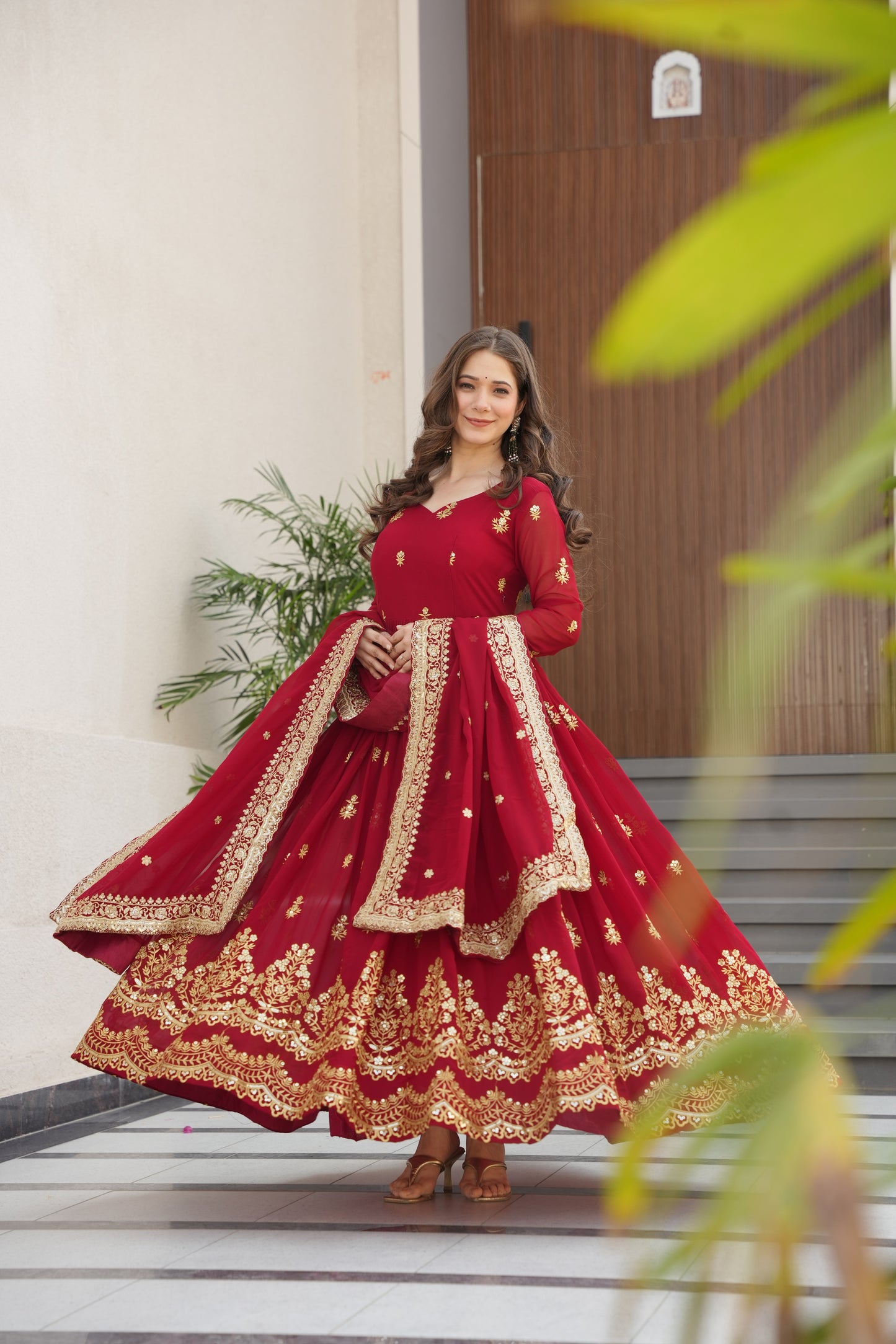 Maroon Georgette Embrodary Work Logn Gown