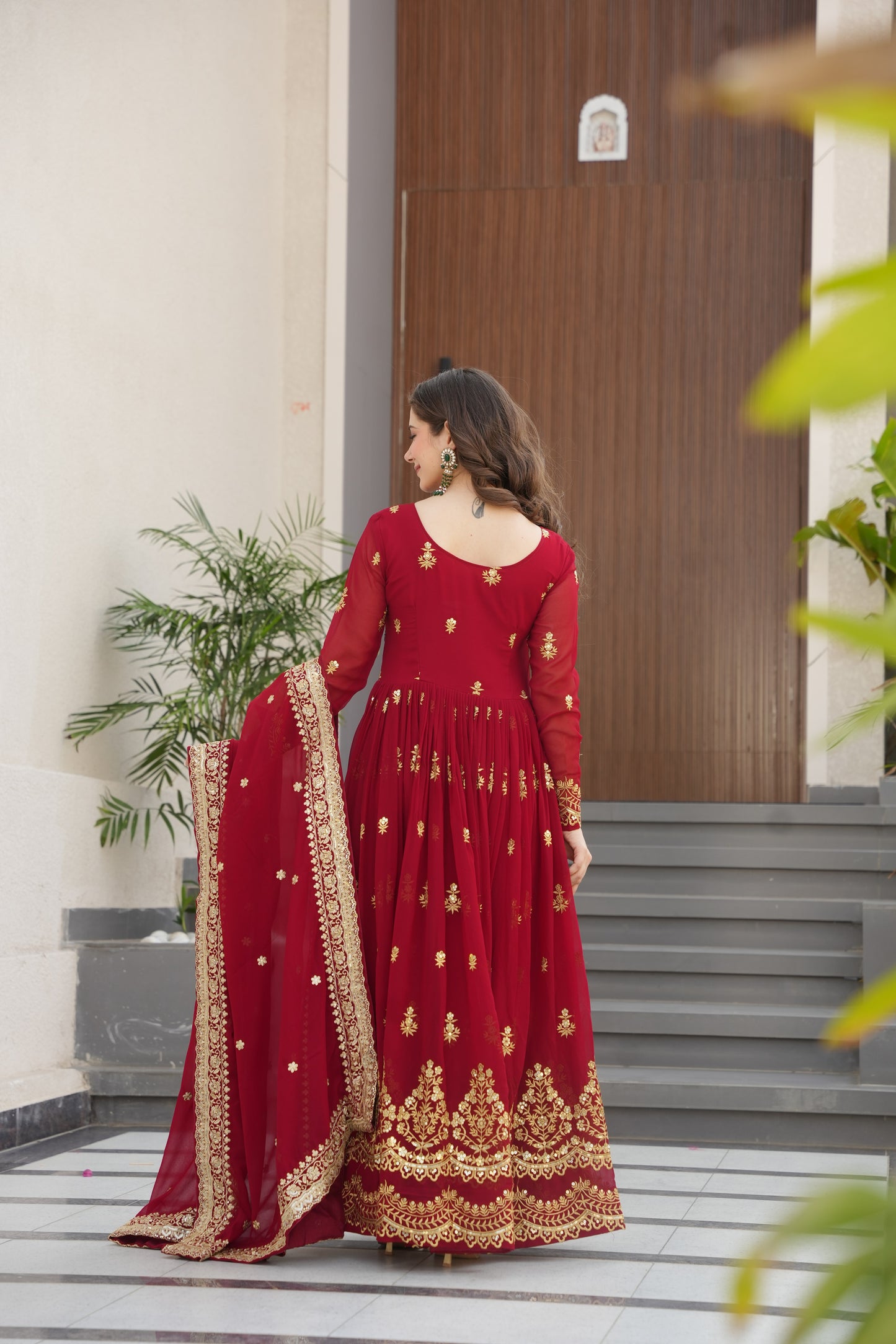 Maroon Georgette Embrodary Work Logn Gown